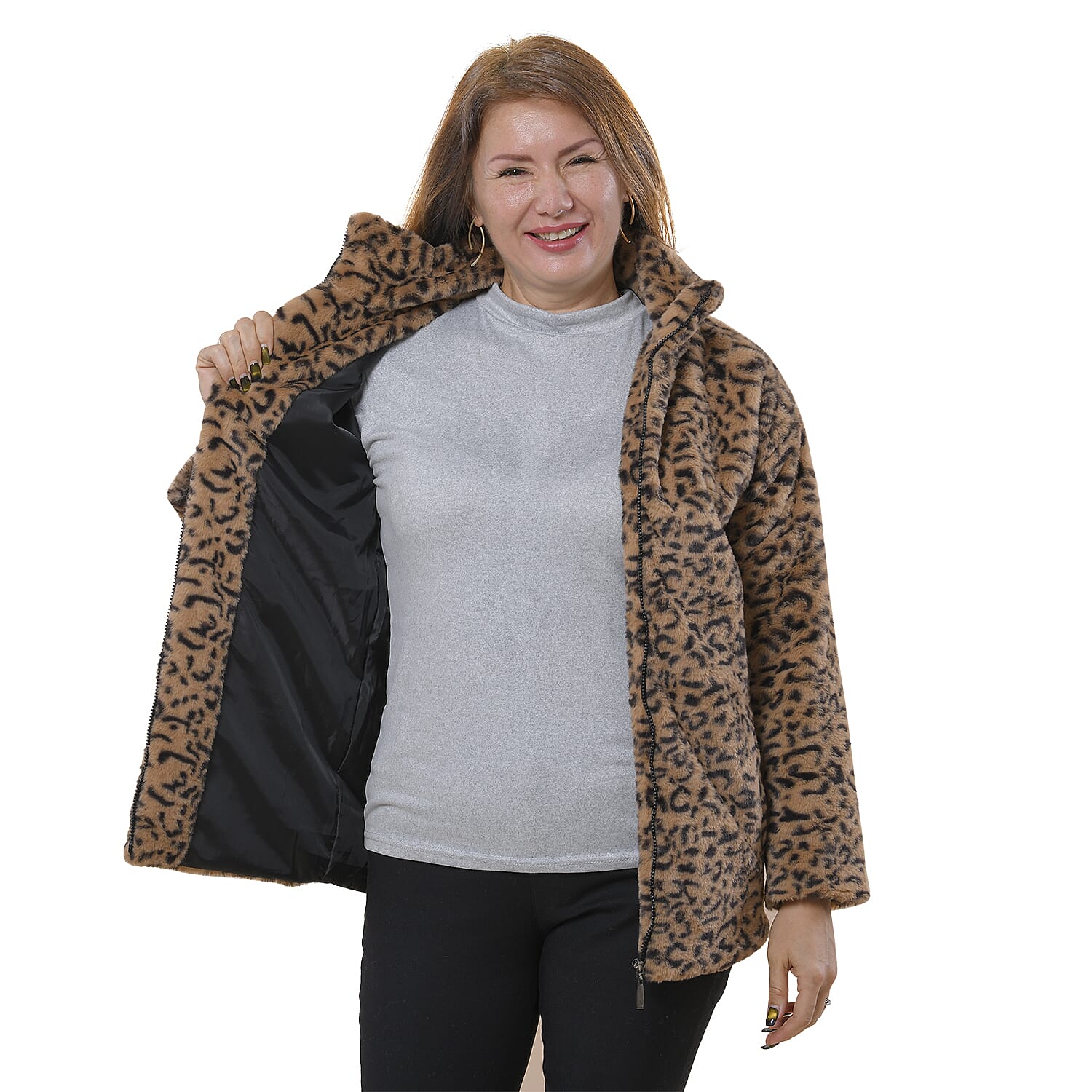 TAMSY Leopard Pattern Faux Fur Coat (Size L)  - Brown