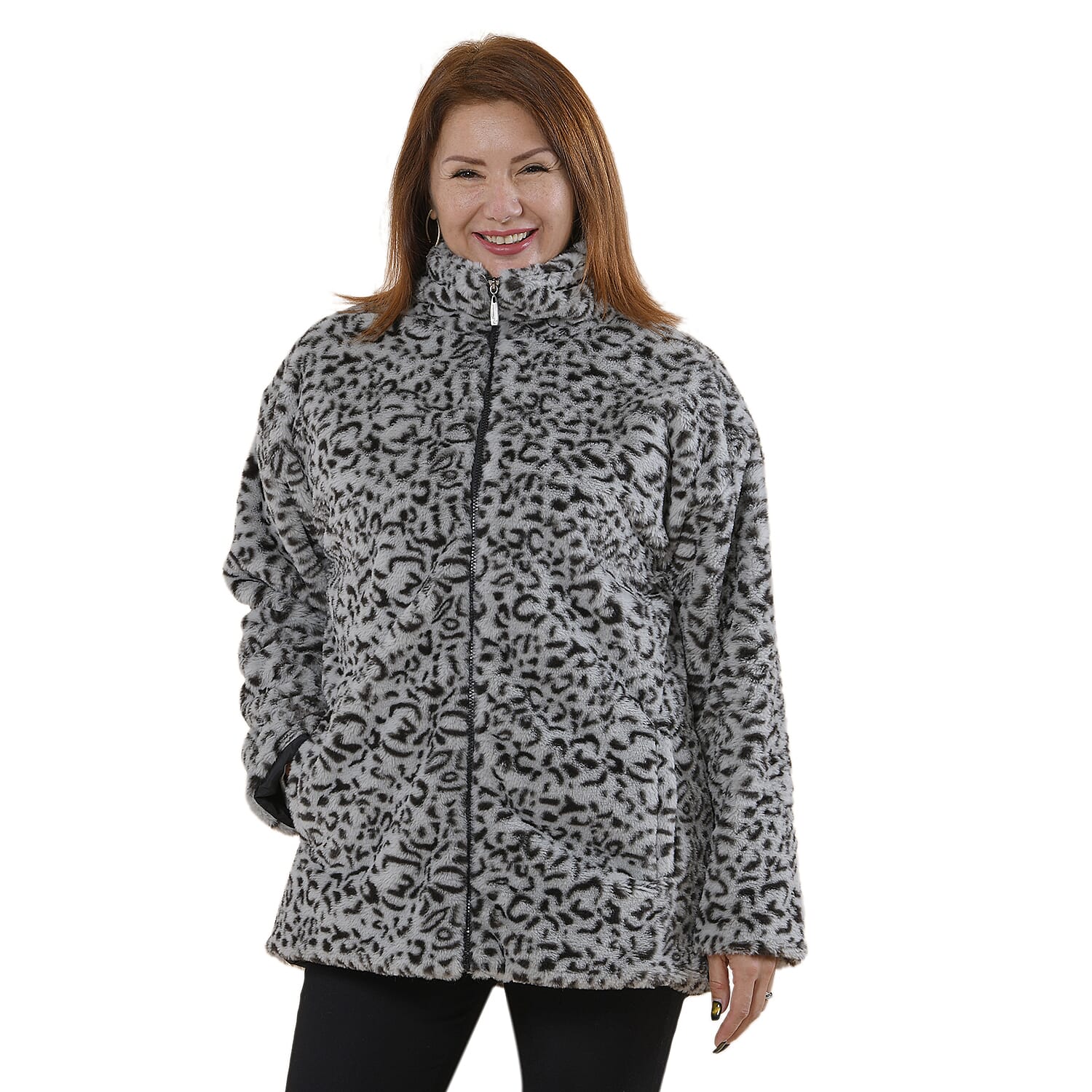 TAMSY Leopard Pattern Faux Fur Coat (Size S)  - Grey