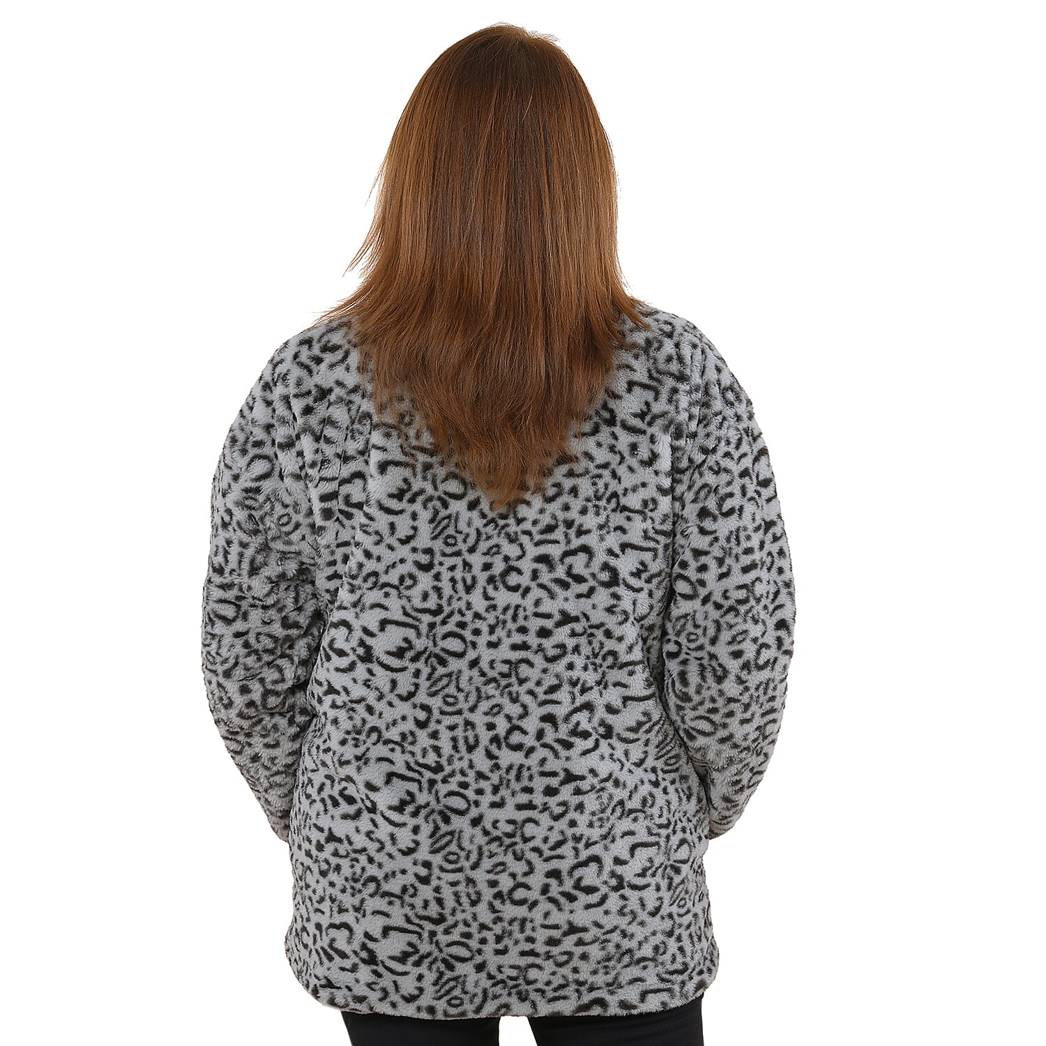 TAMSY Leopard Pattern Faux Fur Coat (Size S)  - Grey