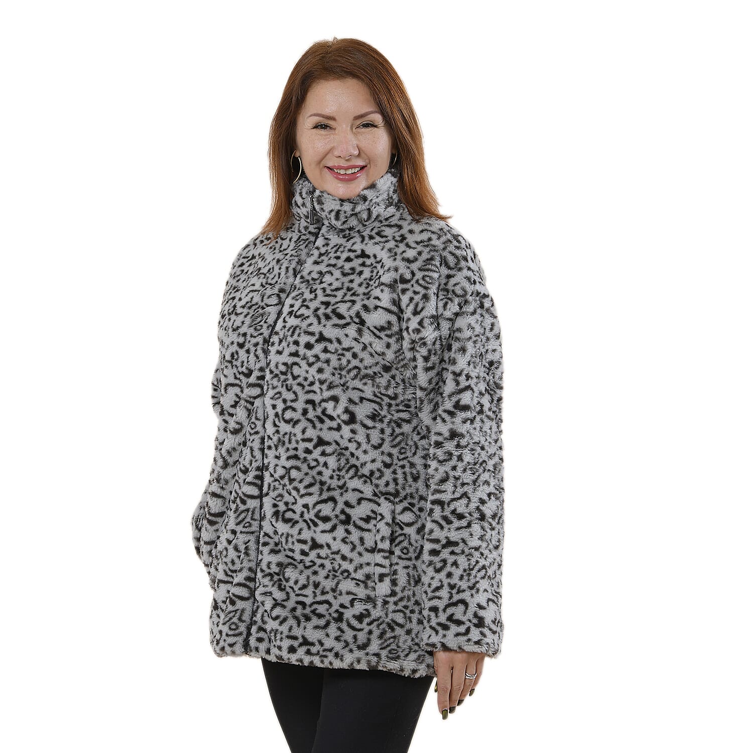 TAMSY Leopard Pattern Faux Fur Coat (Size S)  - Grey