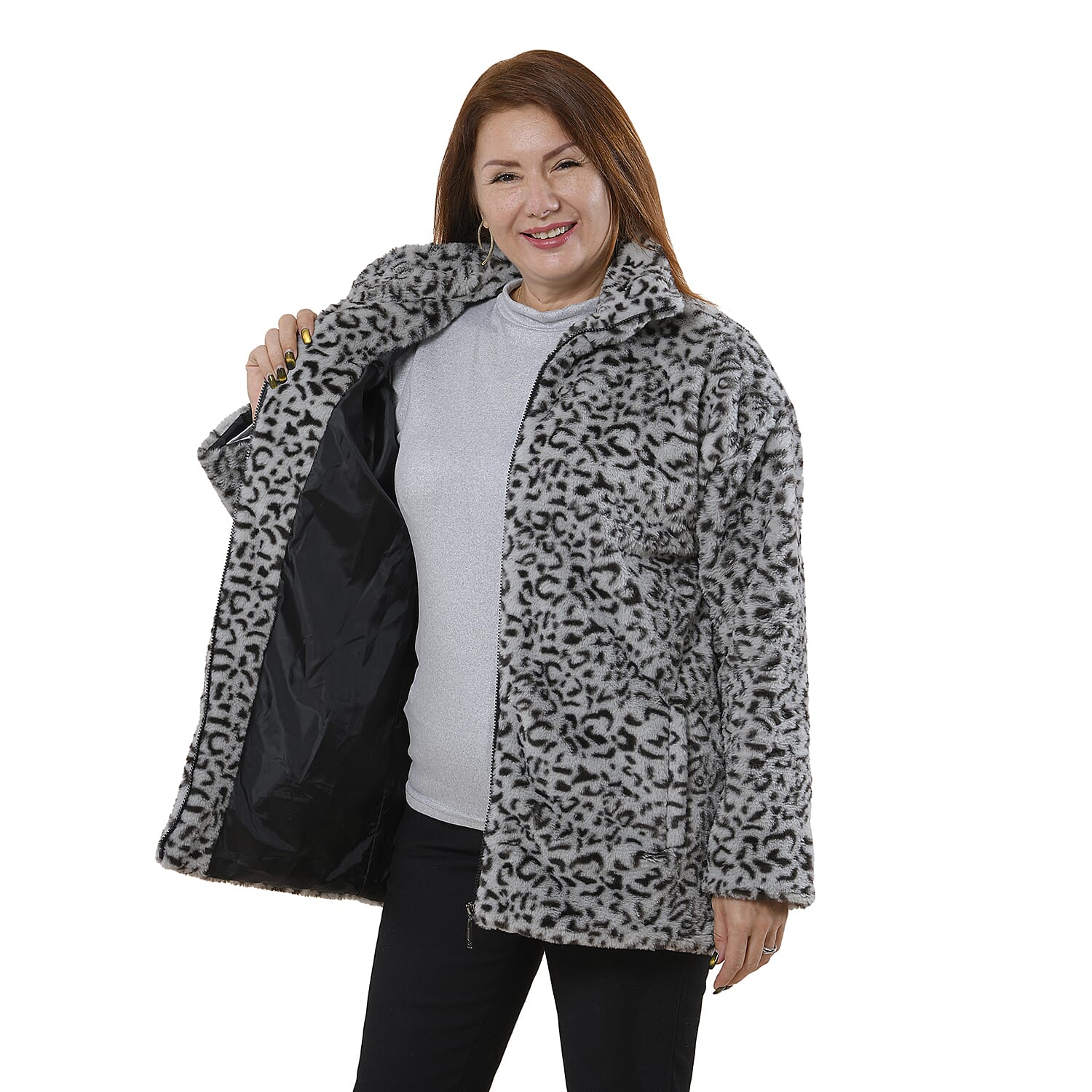 TAMSY Leopard Pattern Faux Fur Coat (Size S)  - Grey