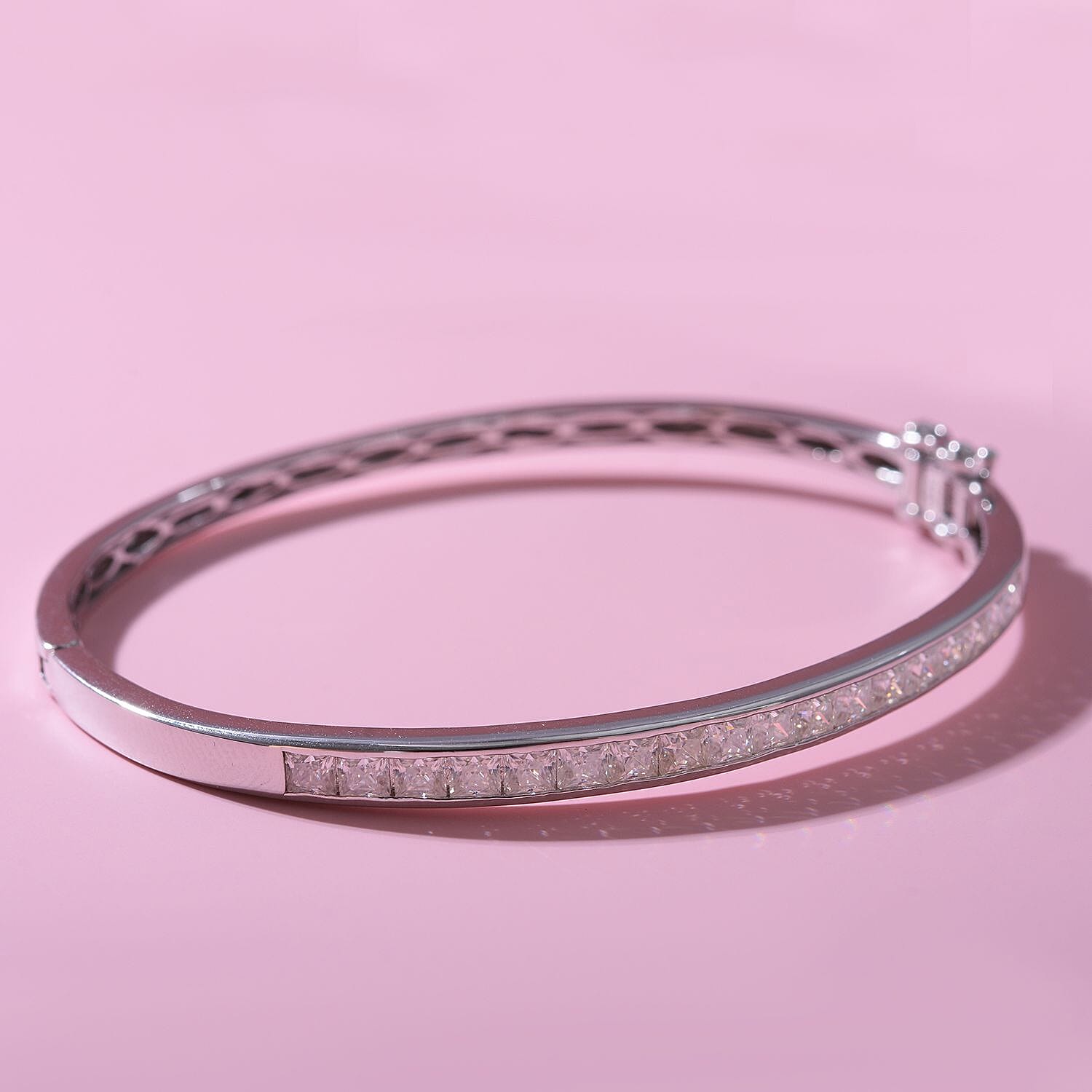 Moissanite Bangle (Size - 7) in Rhodium Overlay Sterling Silver, Silver Wt. 12.00 Gms
