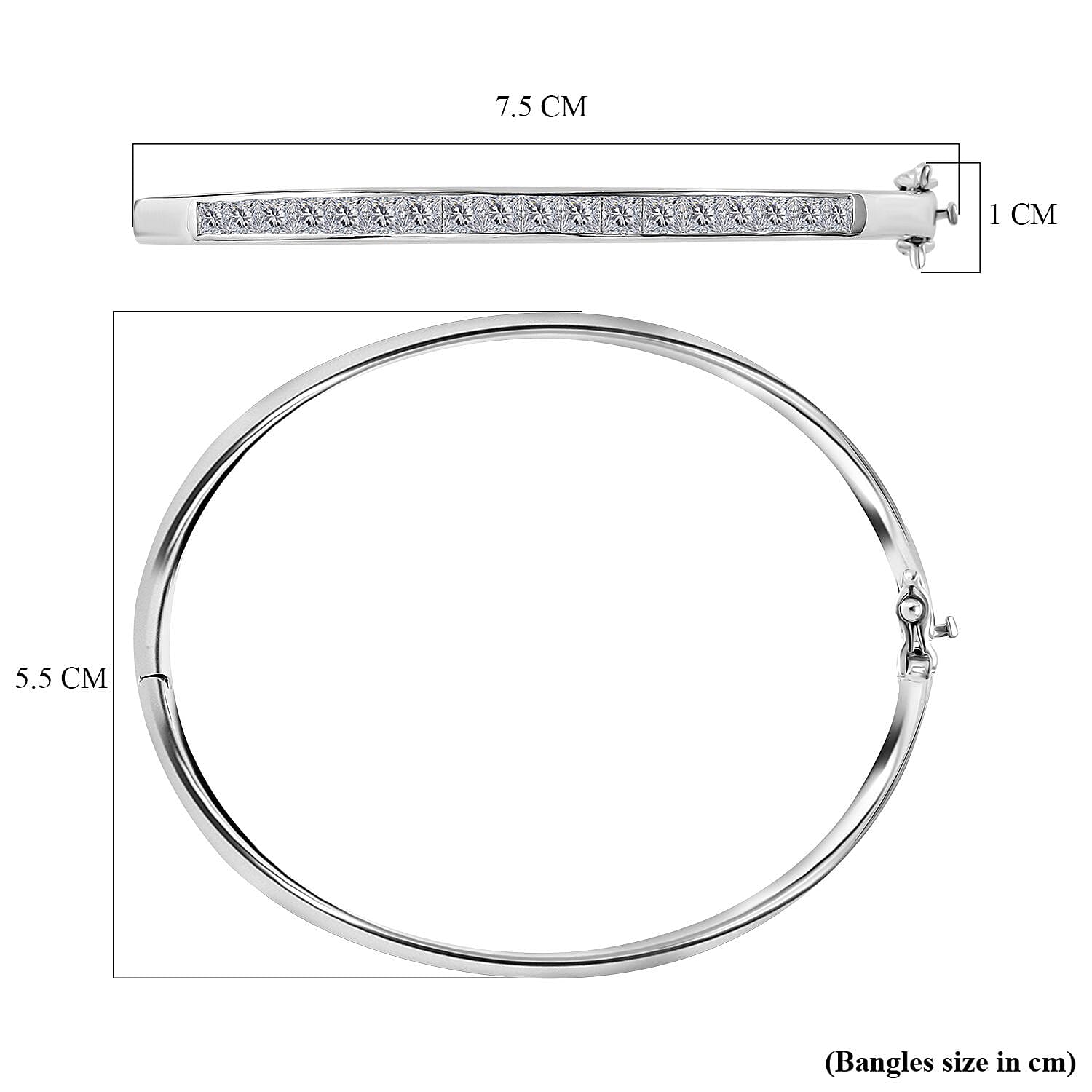 Moissanite Bangle (Size - 7) in Rhodium Overlay Sterling Silver, Silver Wt. 12.00 Gms