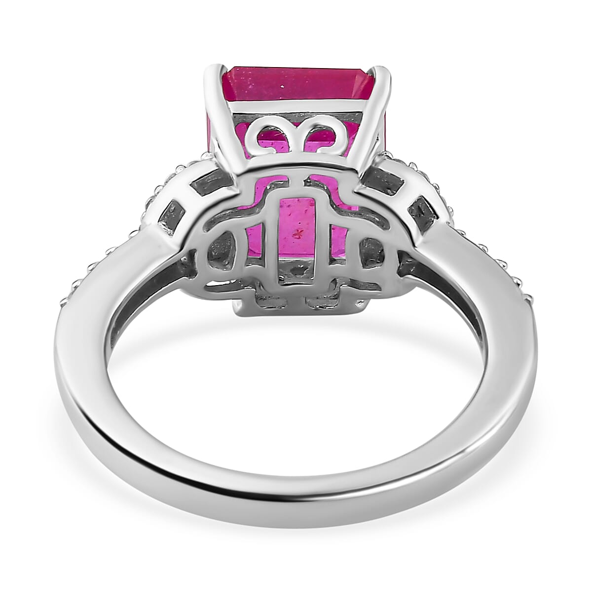Pink Sapphire (FF) & Natural Zircon Ring in Platinum Overlay Sterling Silver 5.91 Ct Pink Sapphire (FF) & Natural Zircon Ring in Platinum Overlay Sterling Silver 5.91 Ct