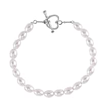 New York Close Out - White Shell Pearl Heart Charm Bracelet (Size - 7.5) in Rhodium Overlay Sterling Silver