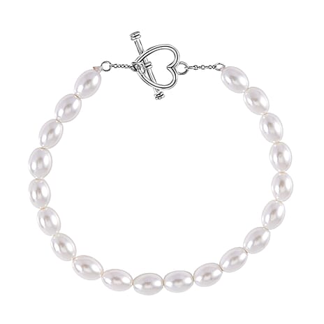 New York Close Out - White Shell Pearl Heart Charm Bracelet (Size - 7.5) in Rhodium Overlay Sterling Silver