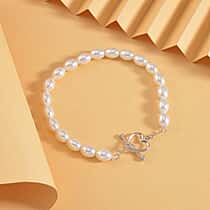 New York Close Out - White Shell Pearl Heart Charm Bracelet (Size - 7.5) in Rhodium Overlay Sterling Silver