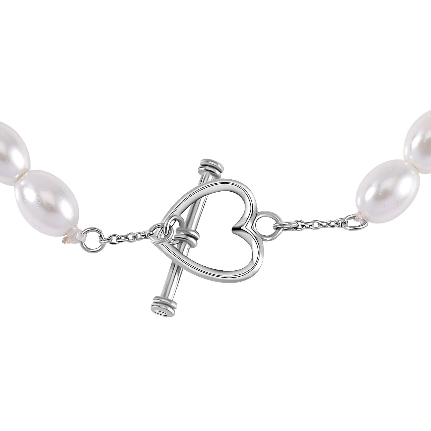 New York Close Out - White Shell Pearl Heart Charm Bracelet (Size - 7.5) in Rhodium Overlay Sterling Silver