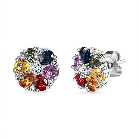 Rainbow Sapphire and White Zircon Cluster Earring in Platinum Overlay Sterling Silver