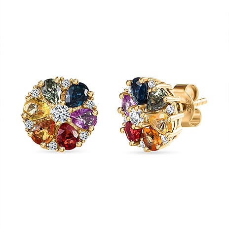 Rainbow Sapphire & White Zircon Cluster Push Back Earrings in 18K Vermeil Yellow Gold Plated Sterling Silver 2.73 Ct.