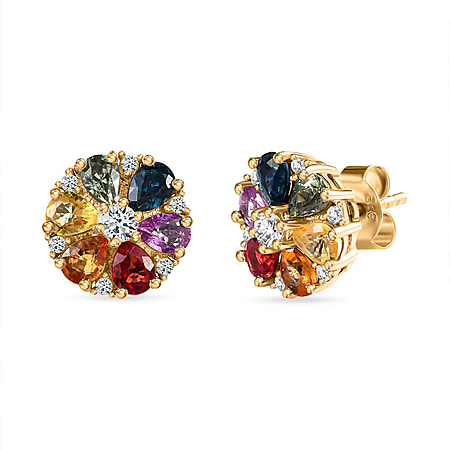Rainbow Sapphire and White Zircon Cluster Earring in 18K Vermeil Yellow Gold Plated Sterling Silver