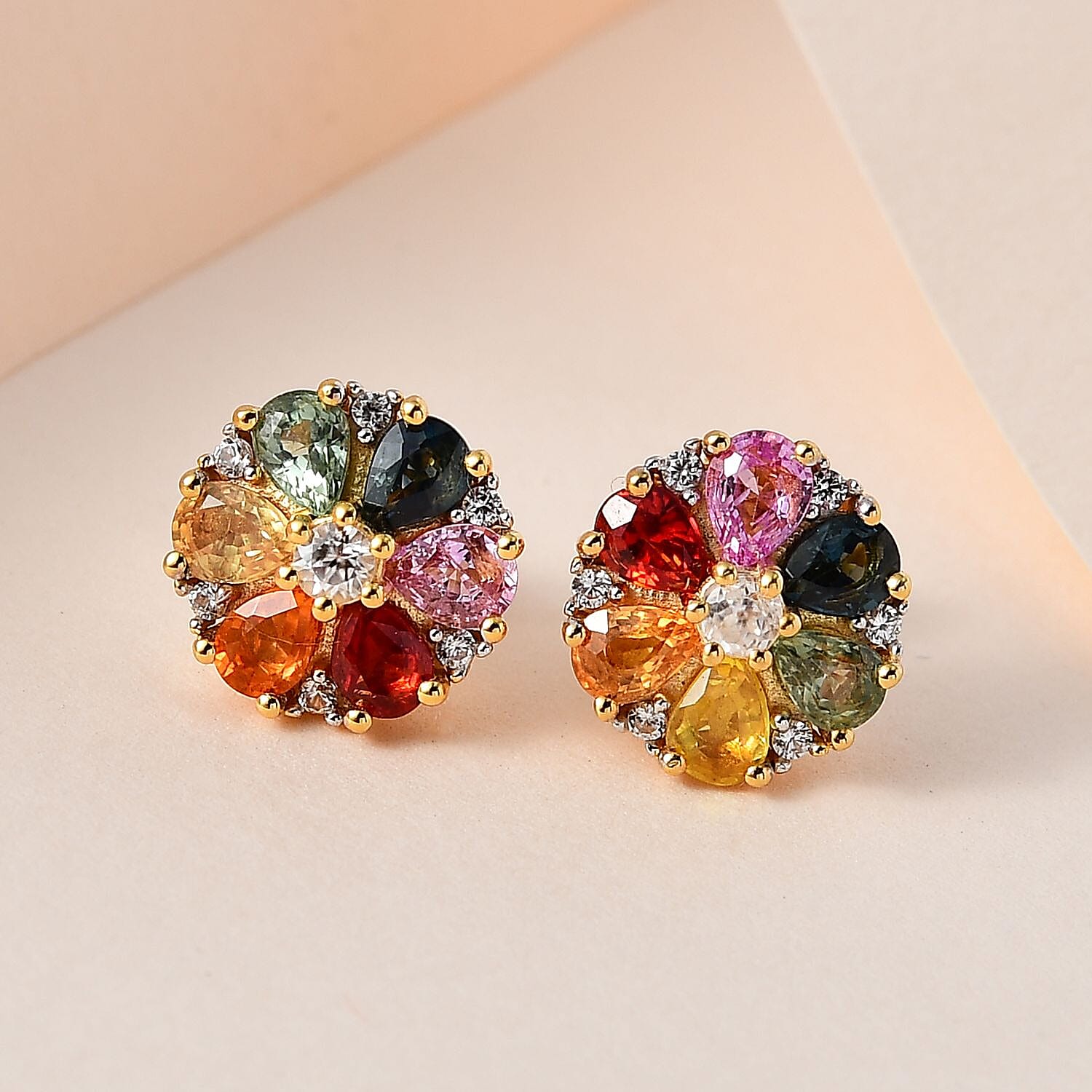 Rainbow Sapphire & White Zircon Cluster Push Back Earrings in 18K Vermeil Yellow Gold Plated Sterling Silver 2.73 Ct.