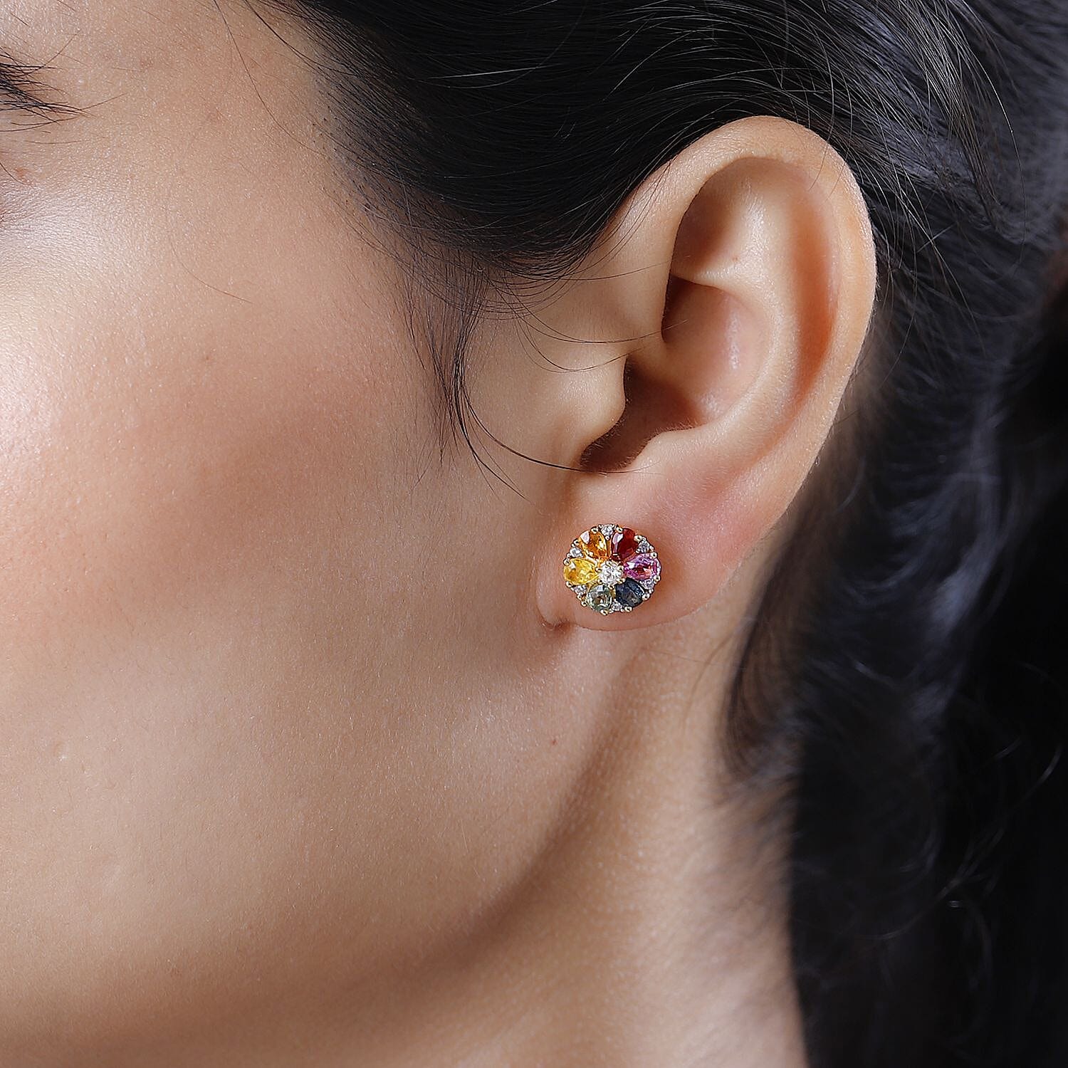 Rainbow Sapphire & White Zircon Cluster Push Back Earrings in 18K Vermeil Yellow Gold Plated Sterling Silver 2.73 Ct.