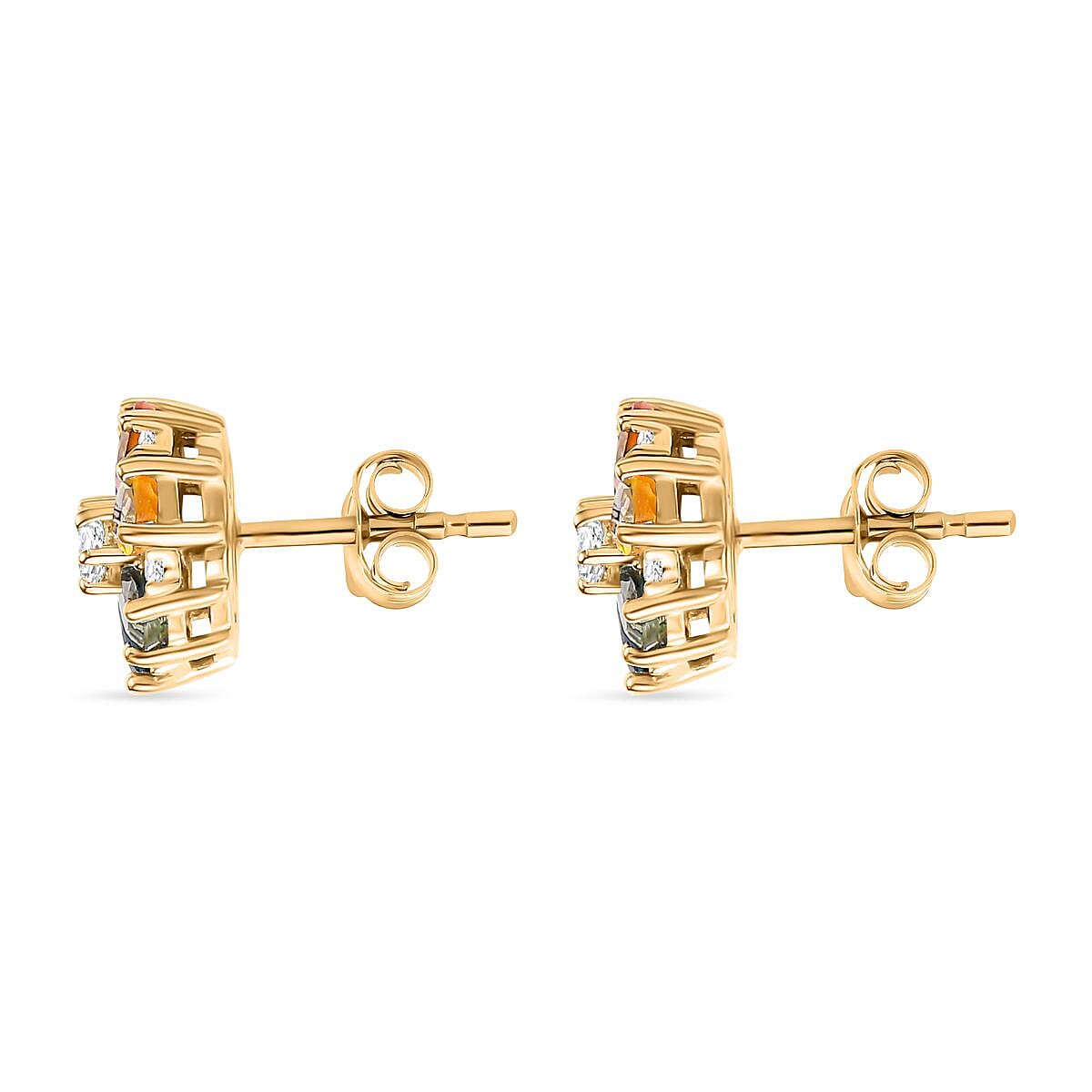 Rainbow Sapphire & White Zircon Cluster Push Back Earrings in 18K Vermeil Yellow Gold Plated Sterling Silver 2.73 Ct.