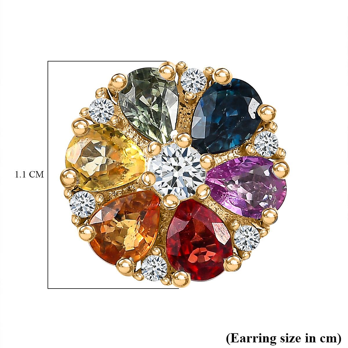 Rainbow Sapphire & White Zircon Cluster Push Back Earrings in 18K Vermeil Yellow Gold Plated Sterling Silver 2.73 Ct.