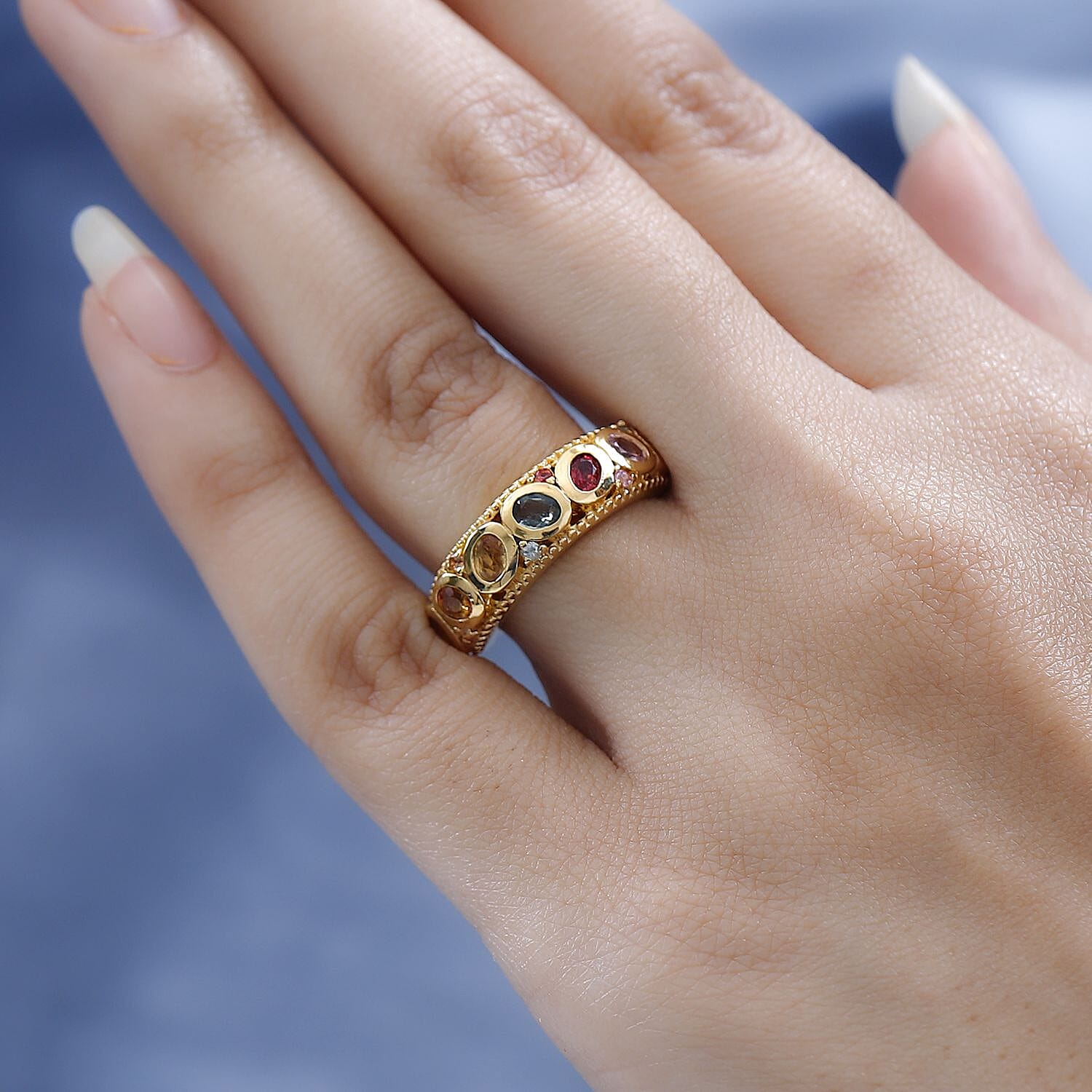 Rainbow Sapphire Half-Eternity Ring in 18K Vermeil Yellow Gold Plated Sterling Silver 1.67 Ct