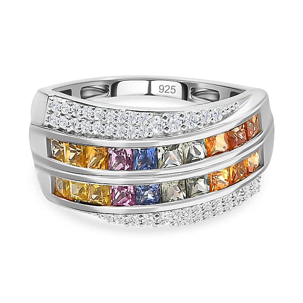 Rainbow Sapphire & Natural Zircon Cluster Multi Row Ring in Platinum ...