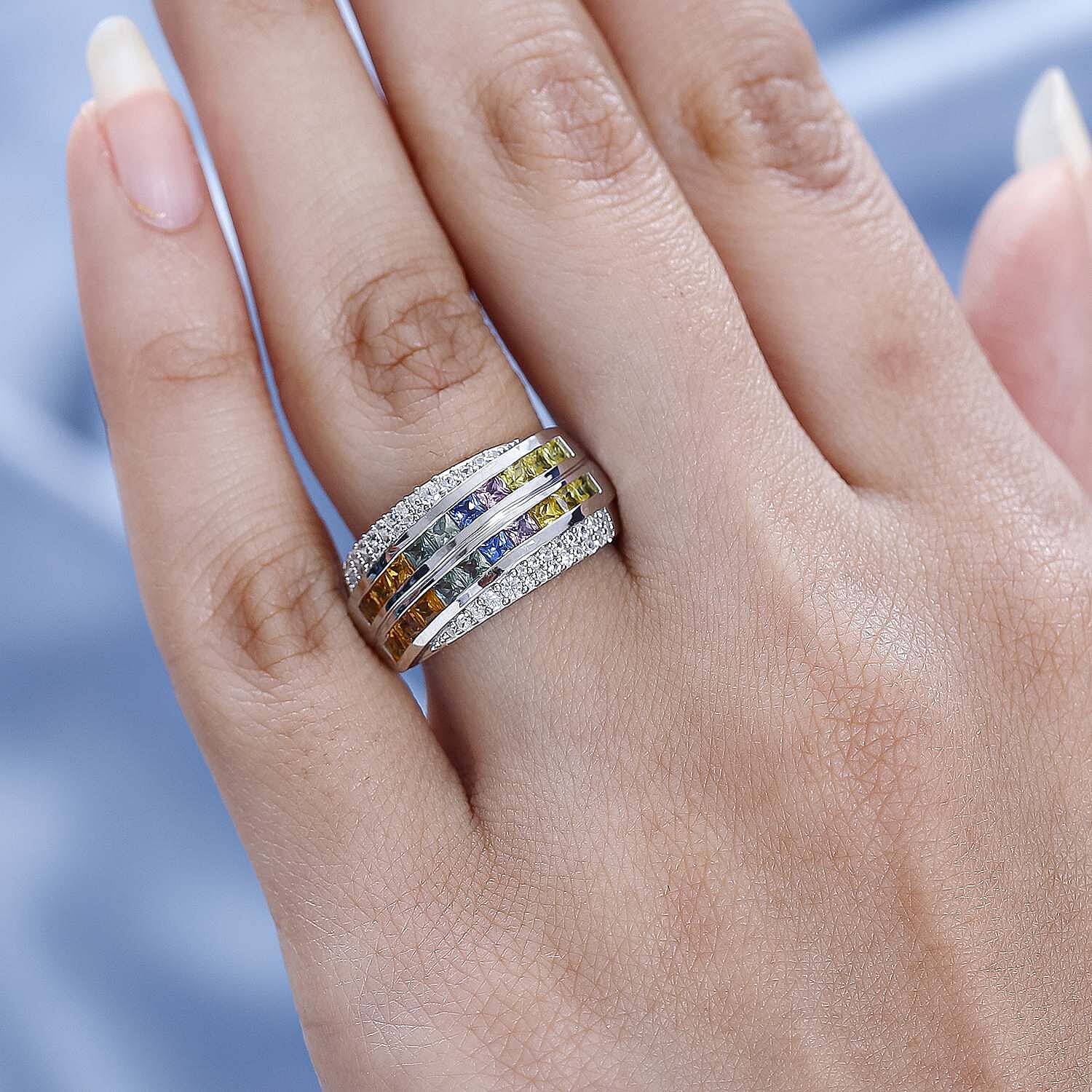 Rainbow Sapphire & Natural Zircon Cluster Multi Row Ring in Platinum Overlay Sterling Silver 1.98 Ct