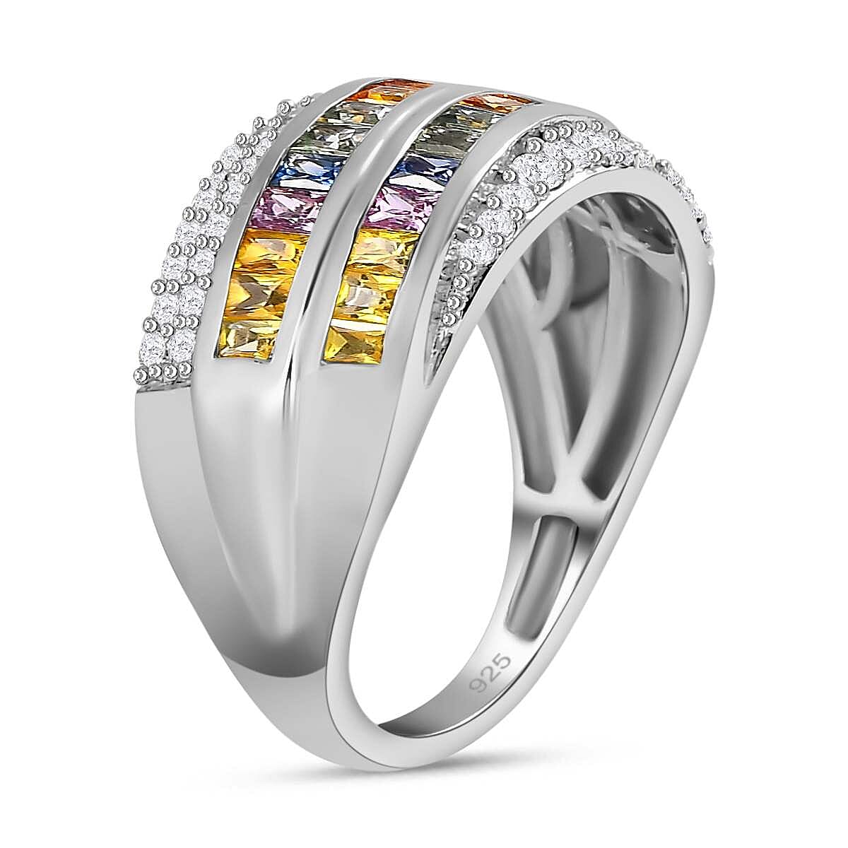 Rainbow Sapphire & Natural Zircon Cluster Multi Row Ring in Platinum Overlay Sterling Silver 1.98 Ct
