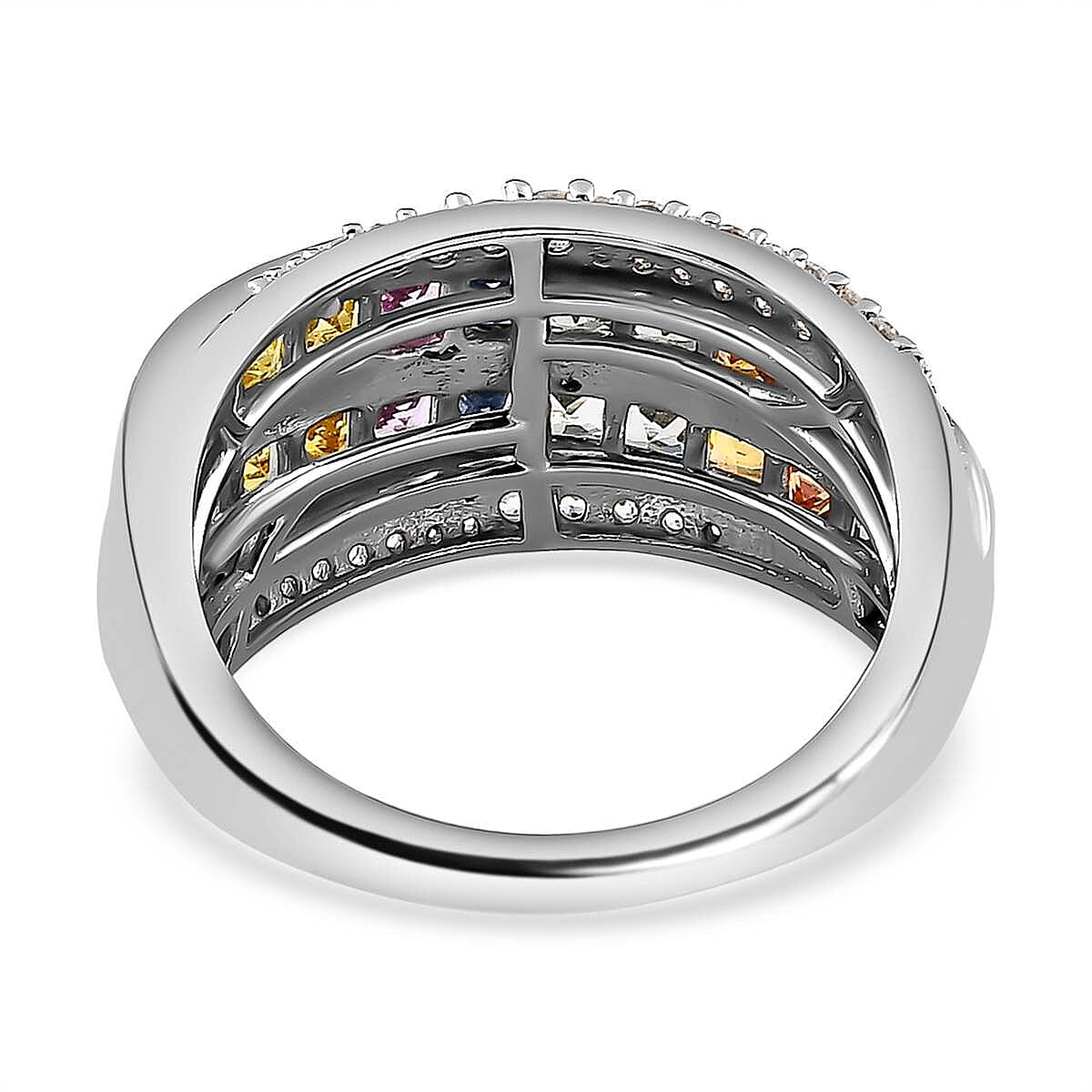 Rainbow Sapphire & Natural Zircon Cluster Multi Row Ring in Platinum Overlay Sterling Silver 1.98 Ct