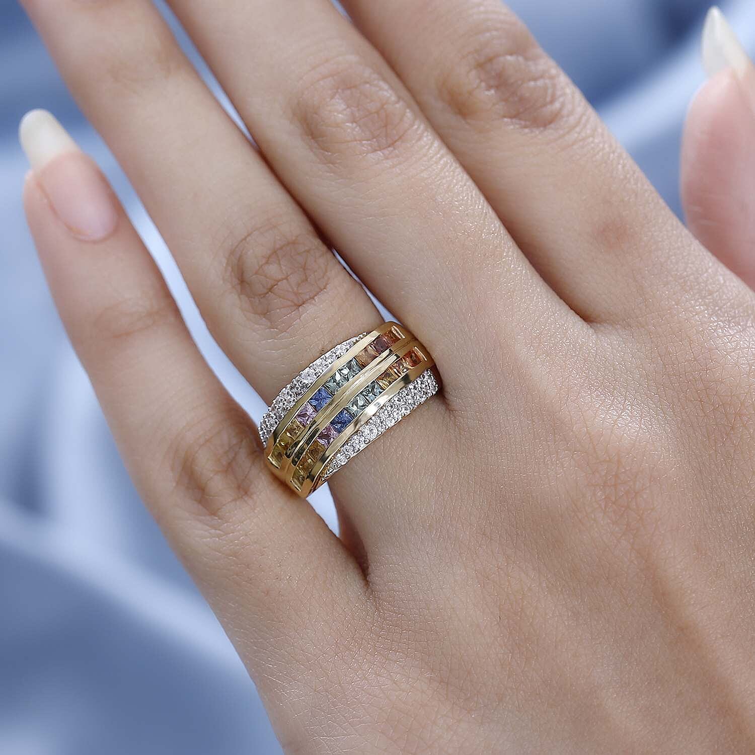 Rainbow Sapphire & Natural Zircon Cluster Multi Row Ring in 18K Vermeil Yellow Gold Plated Sterling Silver 1.98 Ct