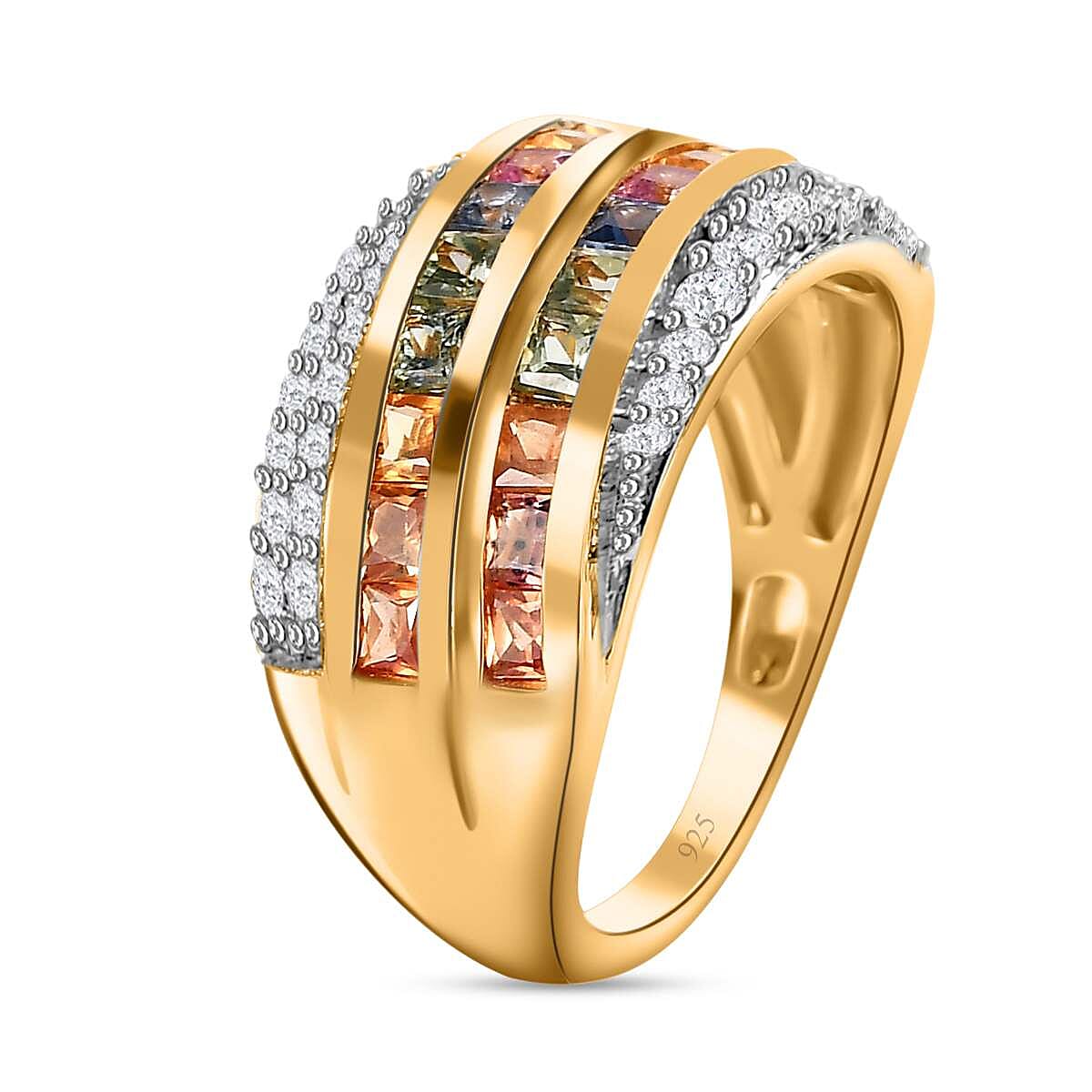 Rainbow Sapphire & Natural Zircon Cluster Multi Row Ring in 18K Vermeil Yellow Gold Plated Sterling Silver 1.98 Ct