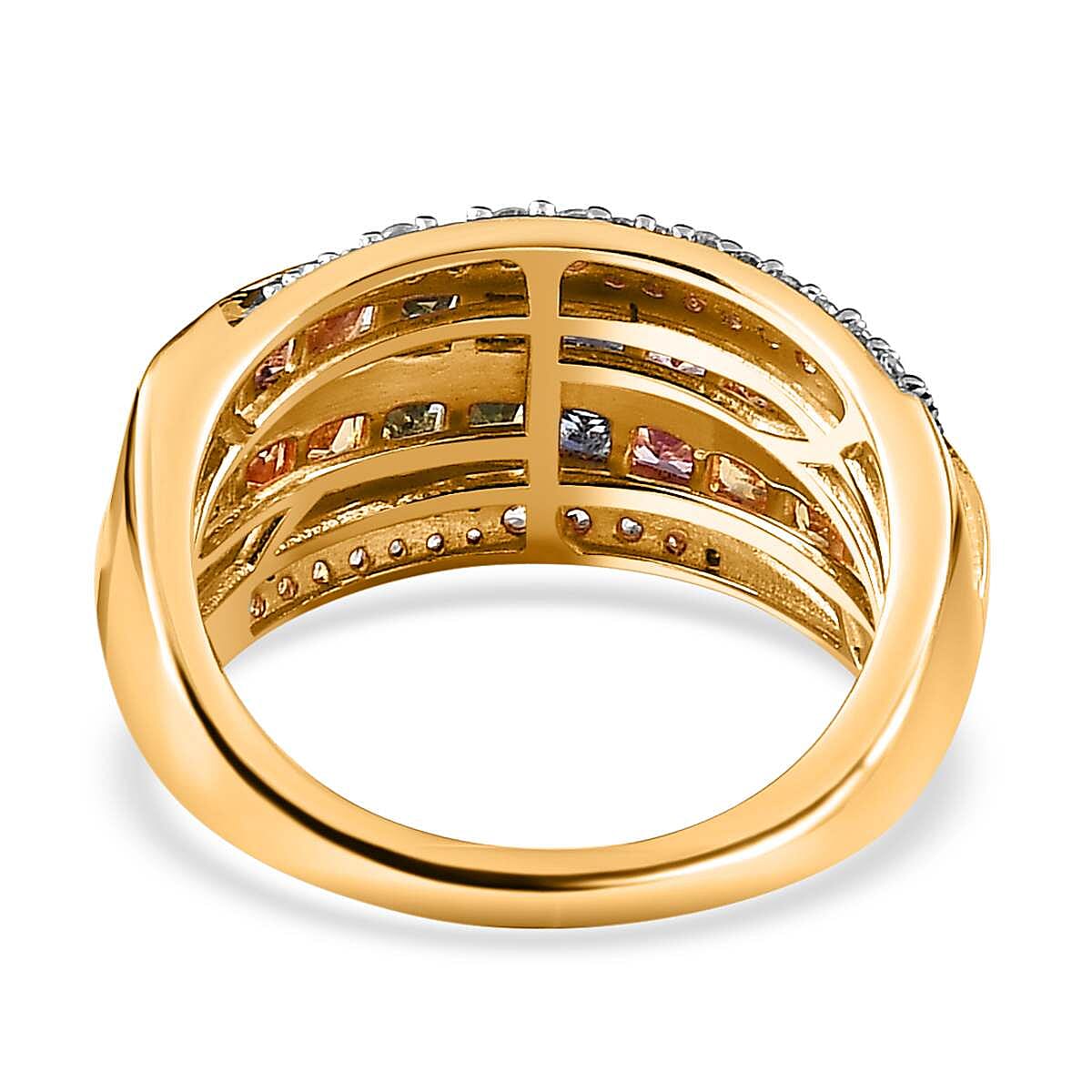 Rainbow Sapphire & Natural Zircon Cluster Multi Row Ring in 18K Vermeil Yellow Gold Plated Sterling Silver 1.98 Ct