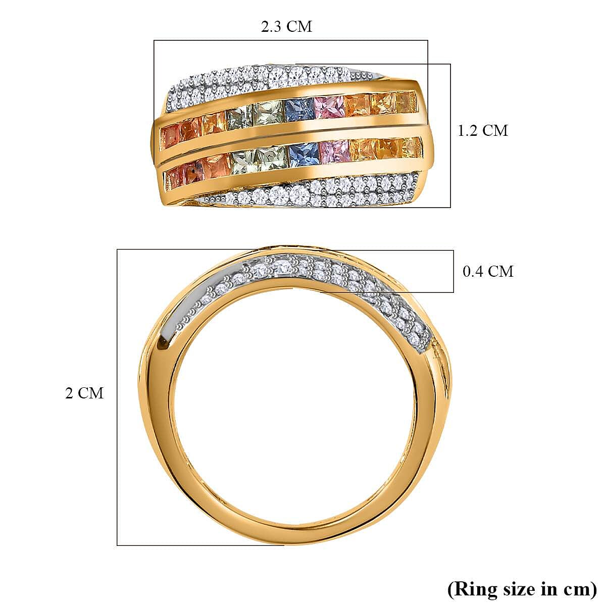 Rainbow Sapphire & Natural Zircon Cluster Multi Row Ring in 18K Vermeil Yellow Gold Plated Sterling Silver 1.98 Ct