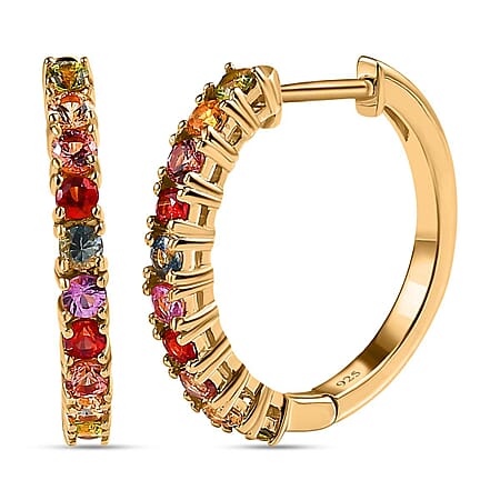 Multi Sapphire Half Hoop Earrings in 18K Vermeil Yellow Gold Plated Sterling Silver 1.52 Ct