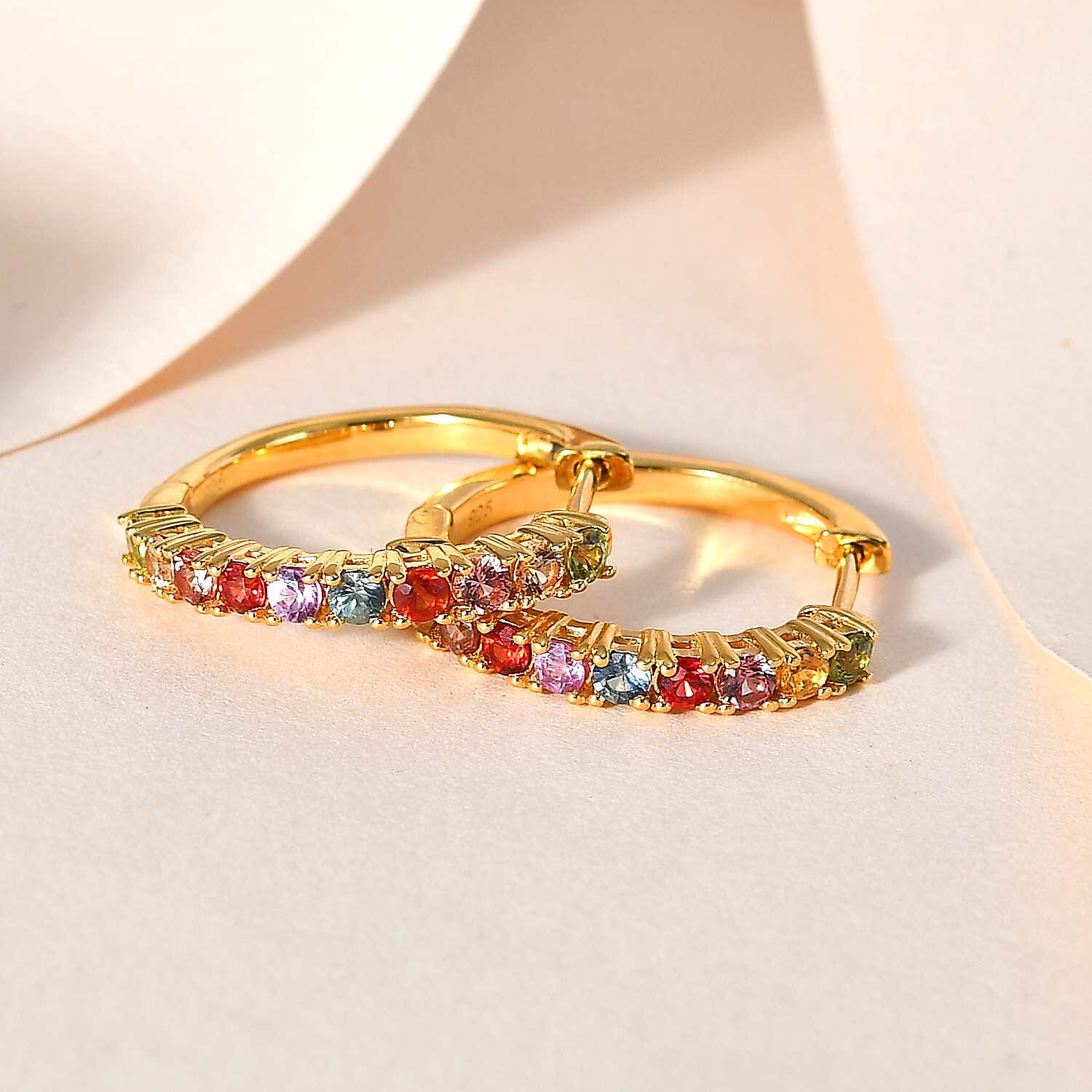 Multi Sapphire Half Hoop Earrings in 18K Vermeil Yellow Gold Plated Sterling Silver 1.52 Ct