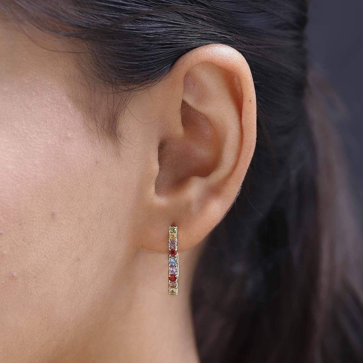 Multi Sapphire Half Hoop Earrings in 18K Vermeil Yellow Gold Plated Sterling Silver 1.52 Ct