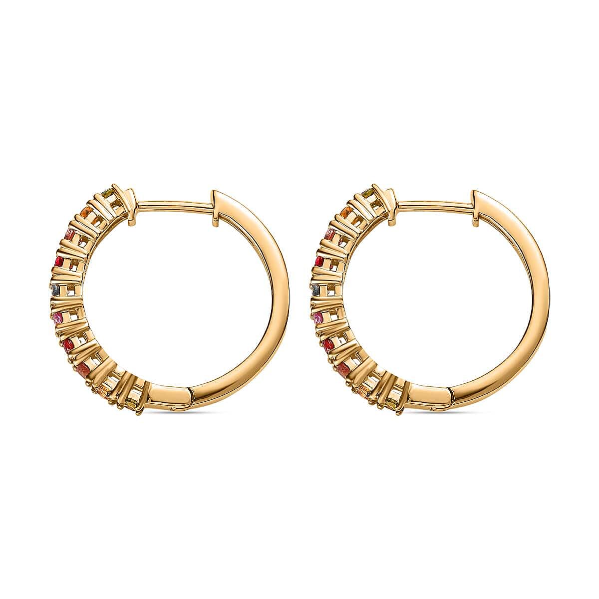 Multi Sapphire Half Hoop Earrings in 18K Vermeil Yellow Gold Plated Sterling Silver 1.52 Ct