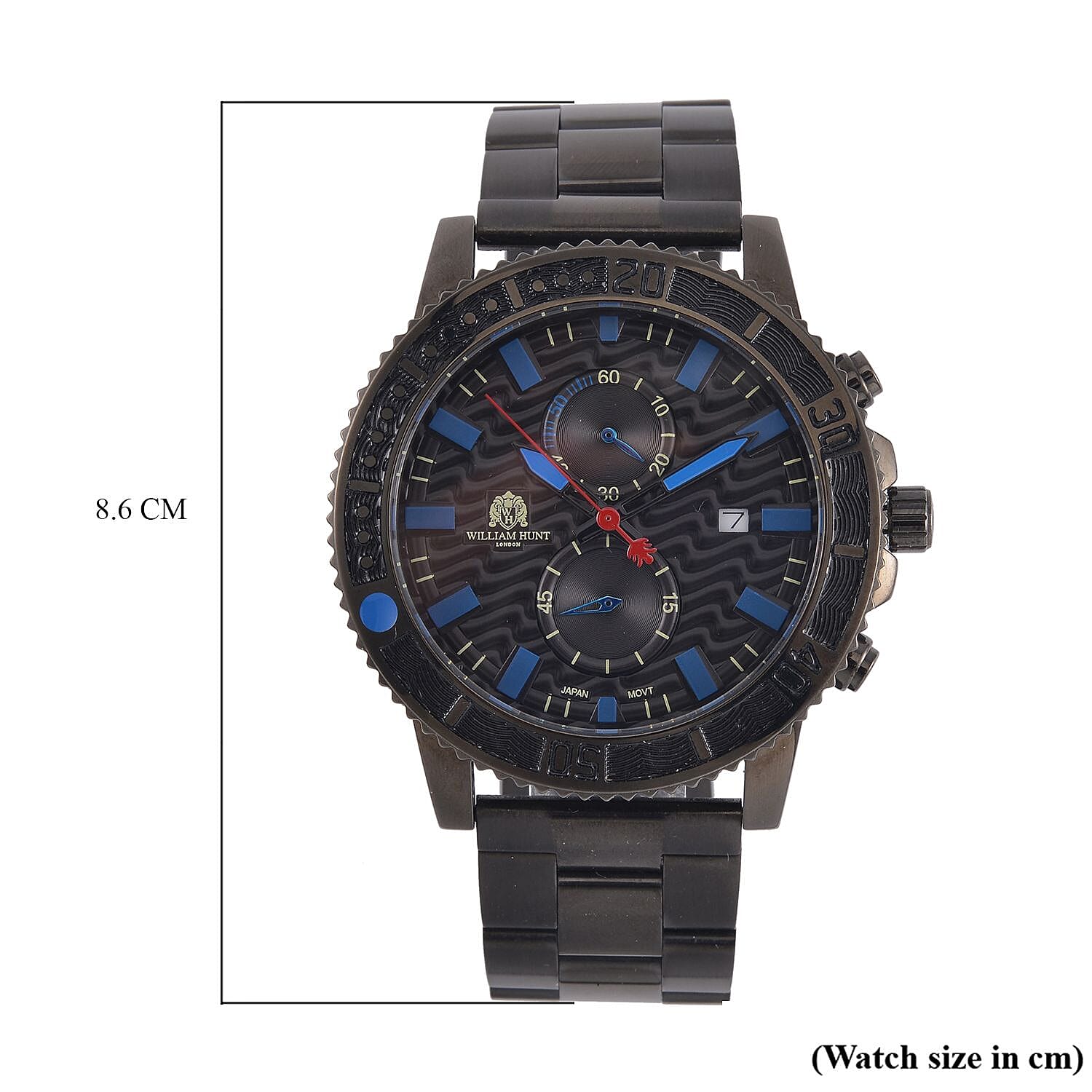 WILLIAM HUNT Designer Multifunction Chronograph Movt. rotating Bezel 45 mm Dial Water resistant stainless steel Watch in Black