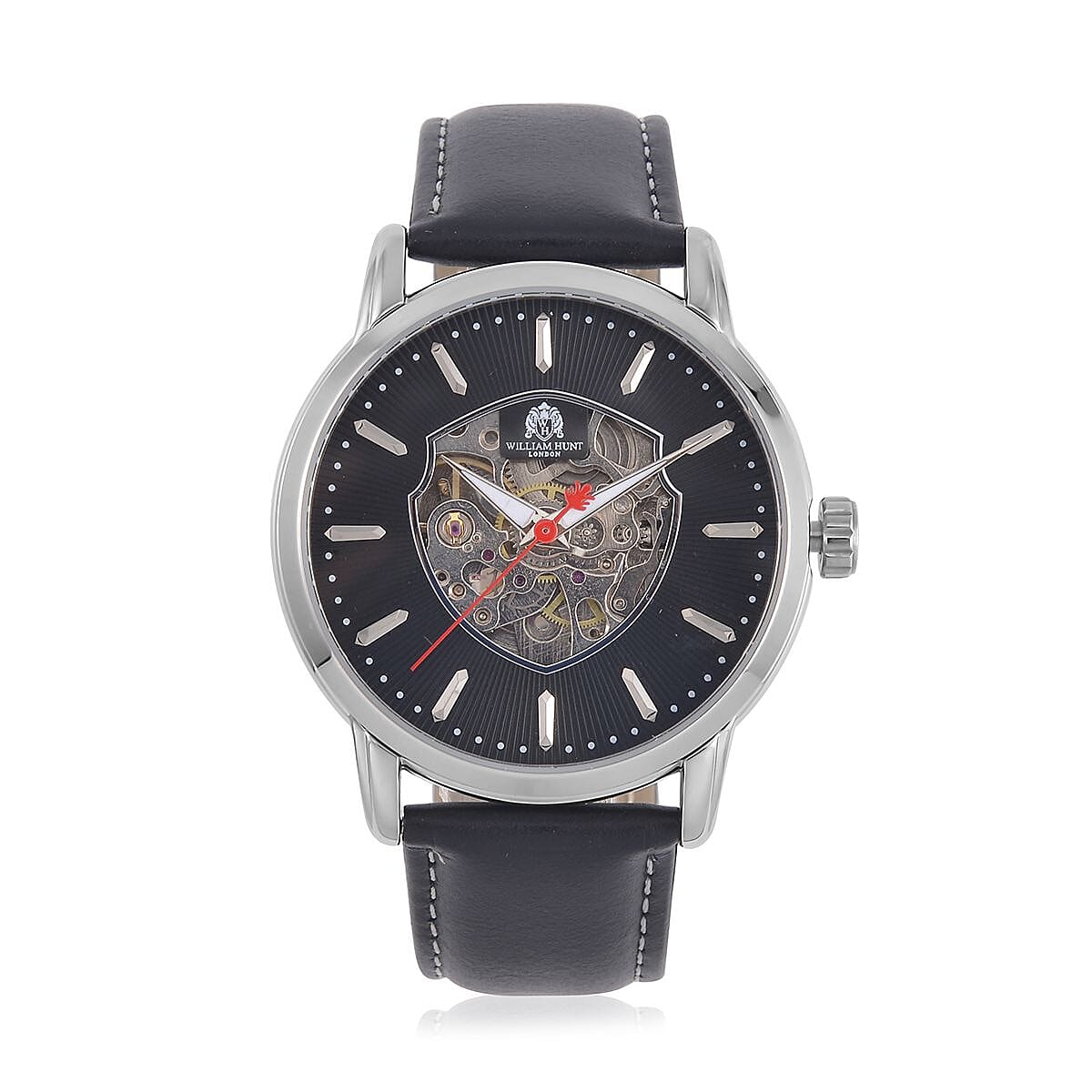 WILLIAM HUNT Automatic Movement 5 ATM Water Resistant Watch With Skeleton Display & Black Leather Strap