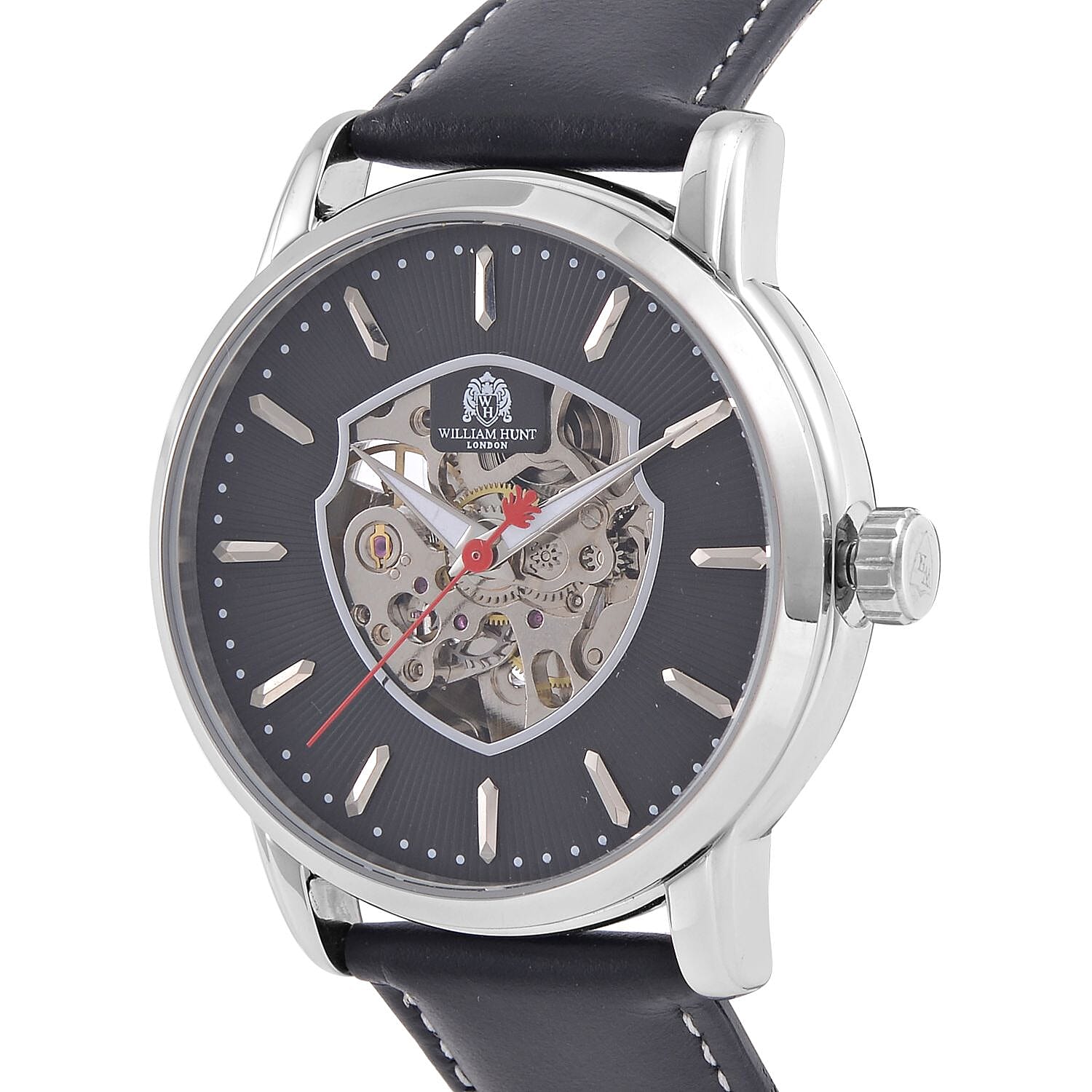 WILLIAM HUNT Automatic Movt. 5 ATM Water Resistant Watch With Skeleton Display - Black Leather Strap