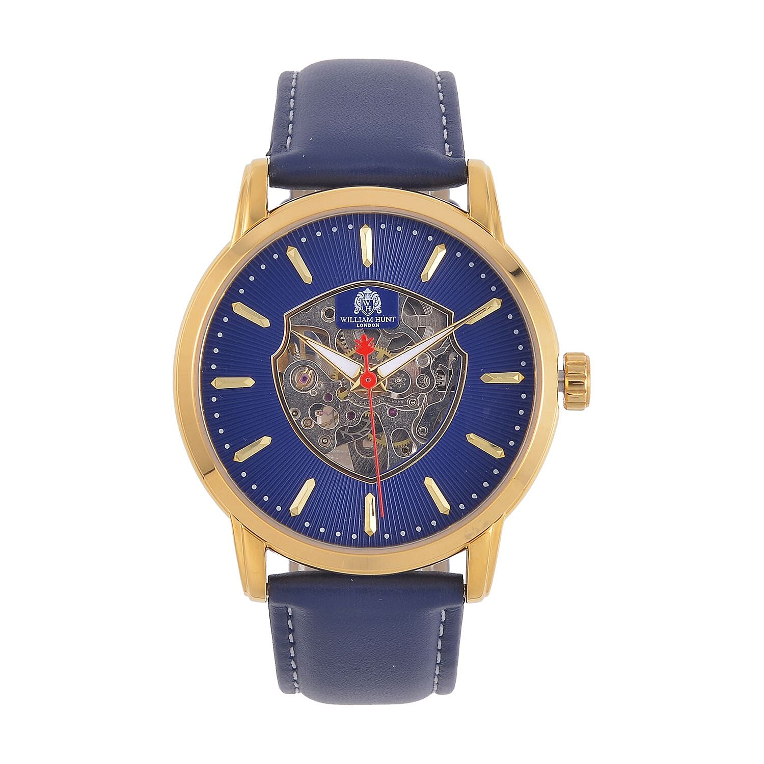 WILLIAM HUNT Automatic Movement 5 ATM Water Resistant Watch With Skeleton Display - Blue Leather Strap