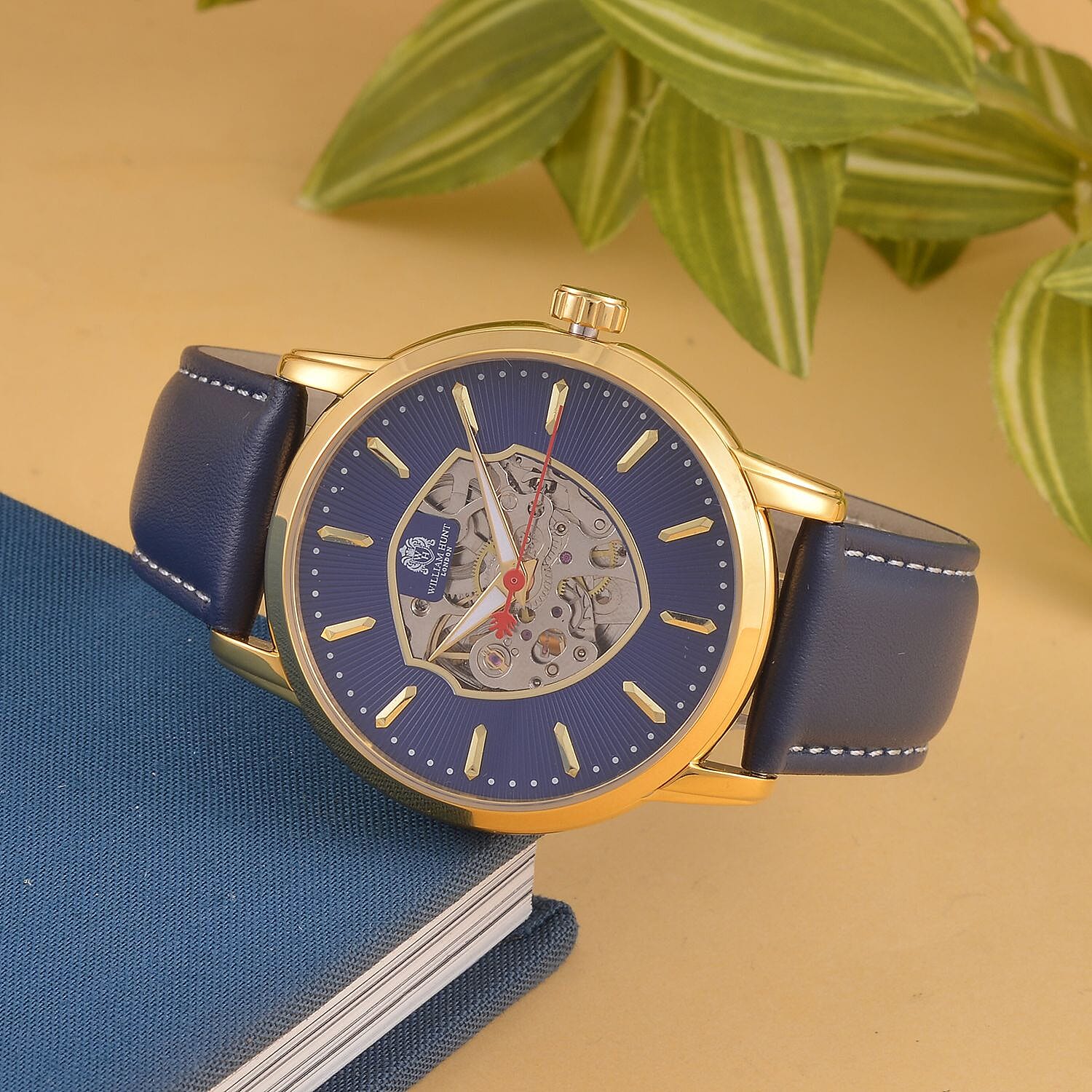 WILLIAM HUNT Automatic Movement 5 ATM Water Resistant Watch With Skeleton Display - Blue Leather Strap