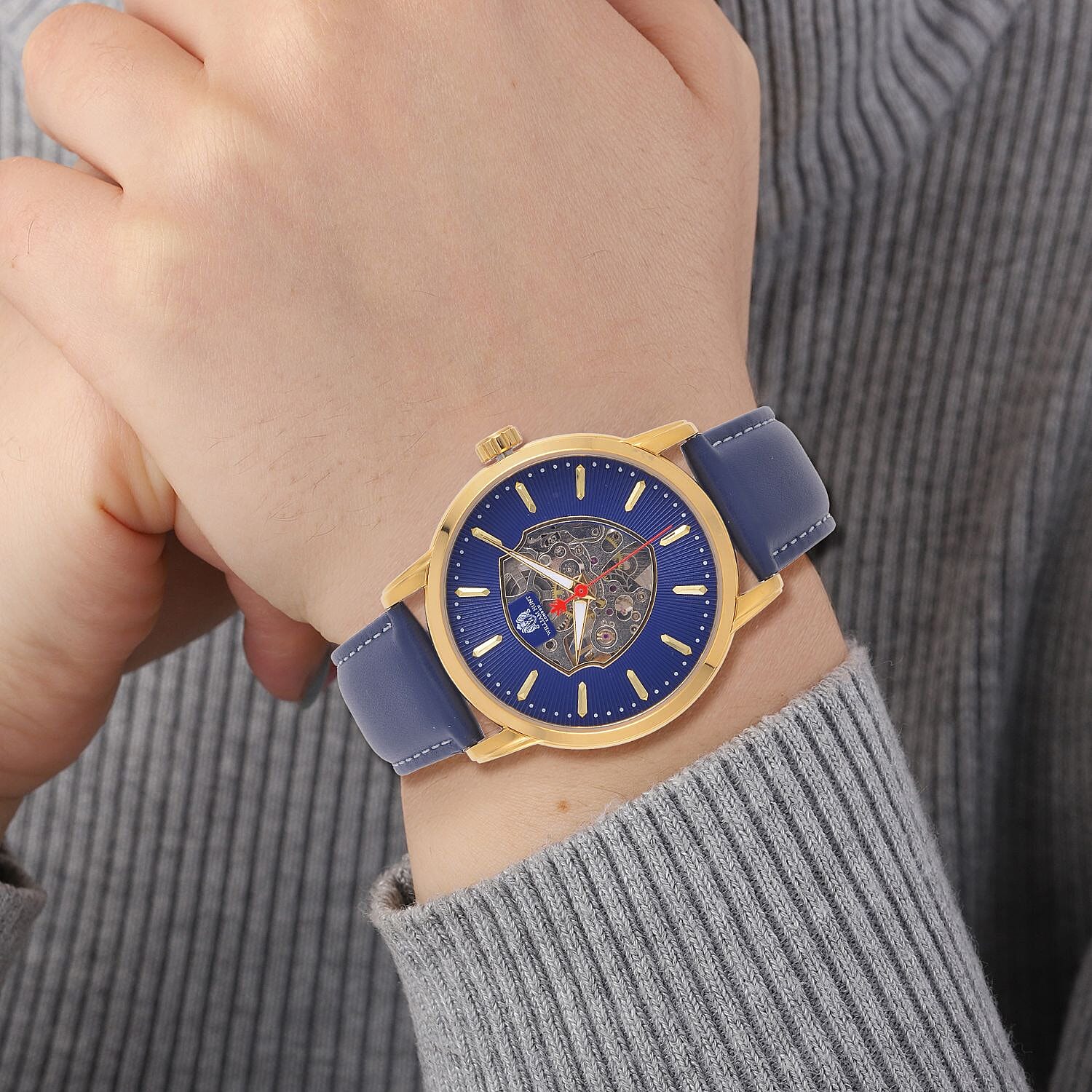 WILLIAM HUNT Automatic Movement 5 ATM Water Resistant Watch With Skeleton Display - Blue Leather Strap