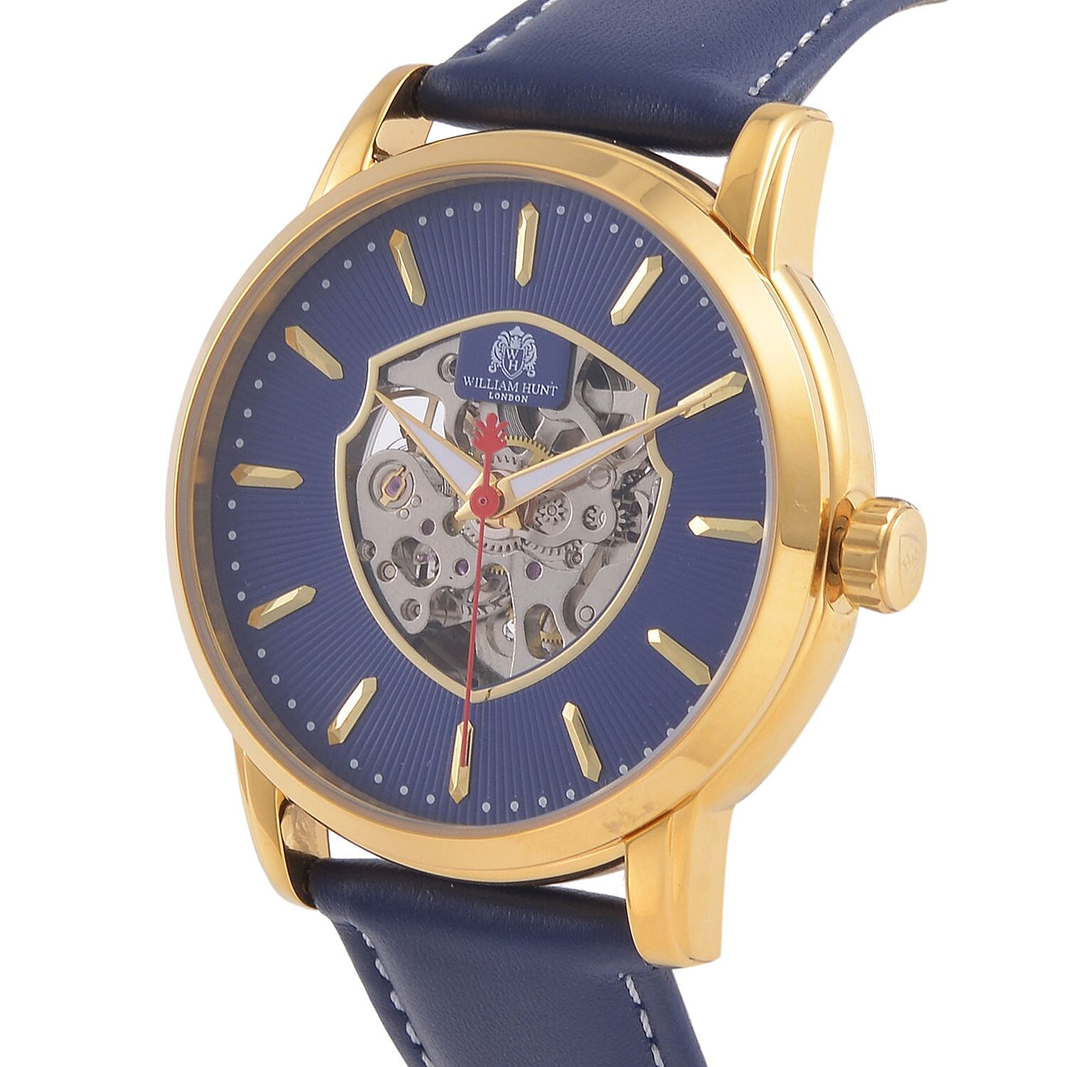 WILLIAM HUNT Automatic Movement 5 ATM Water Resistant Watch With Skeleton Display - Blue Leather Strap