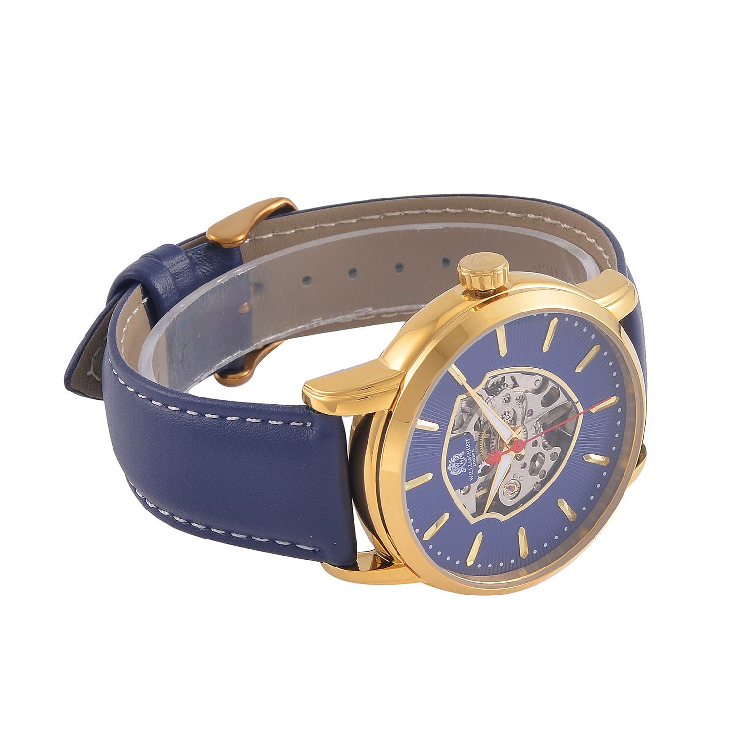 WILLIAM HUNT Automatic Movement 5 ATM Water Resistant Watch With Skeleton Display - Blue Leather Strap