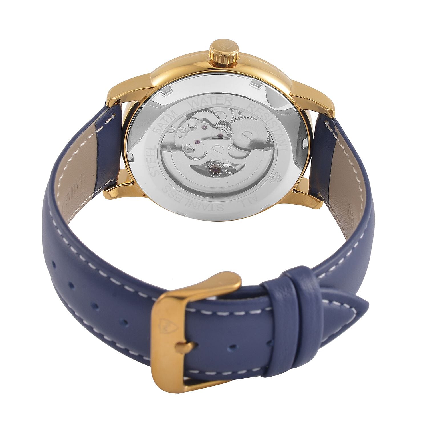 WILLIAM HUNT Automatic Movement 5 ATM Water Resistant Watch With Skeleton Display - Blue Leather Strap