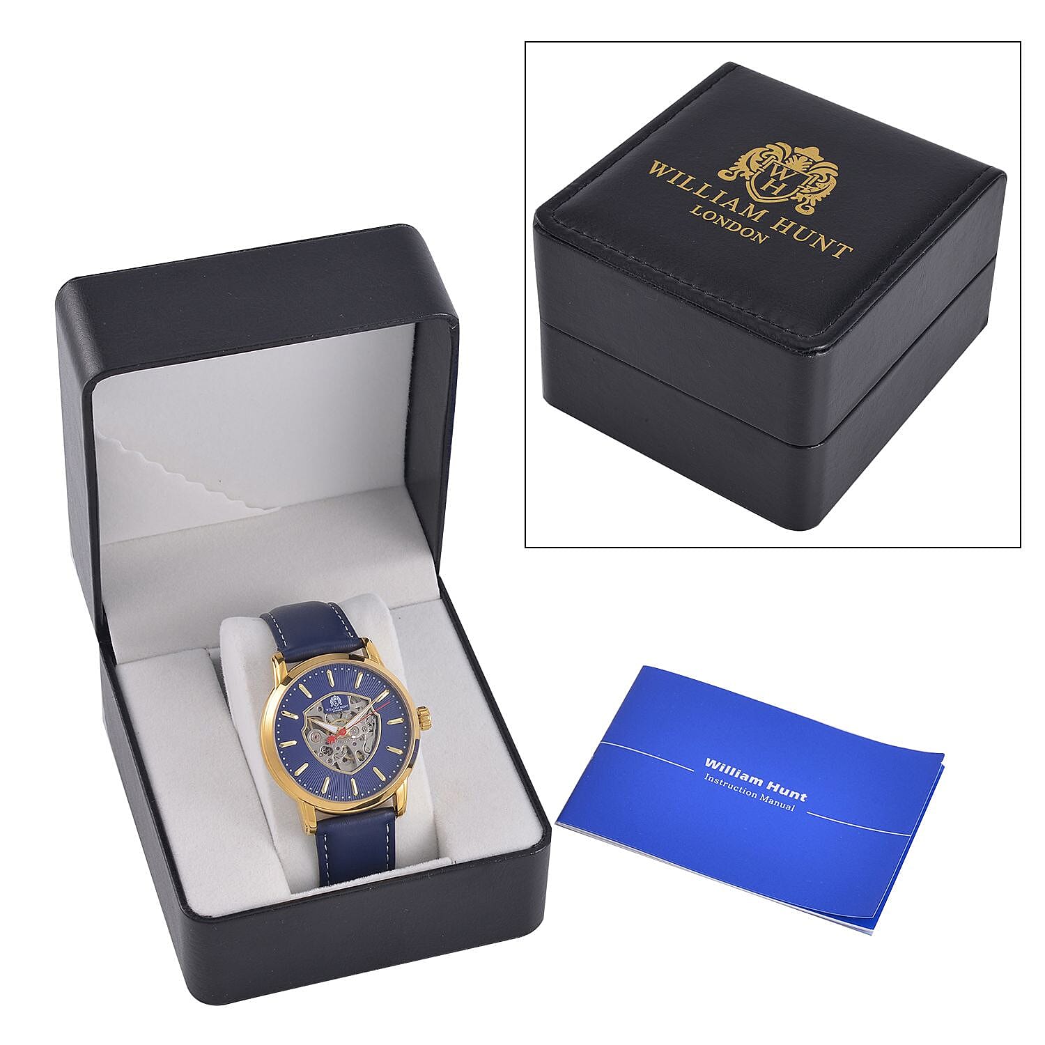 WILLIAM HUNT Automatic Movement 5 ATM Water Resistant Watch With Skeleton Display - Blue Leather Strap
