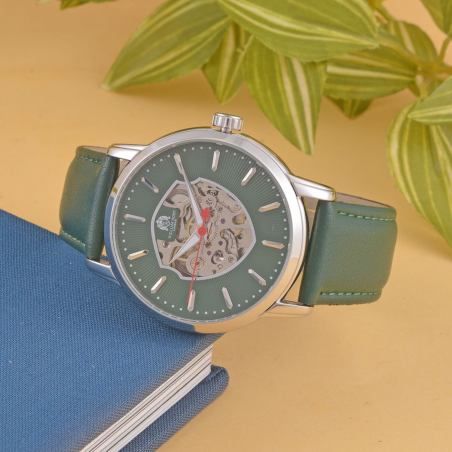 WILLIAM HUNT Automatic Movement 5 ATM Water Resistant Watch With Skeleton Display - Green Leather Strap