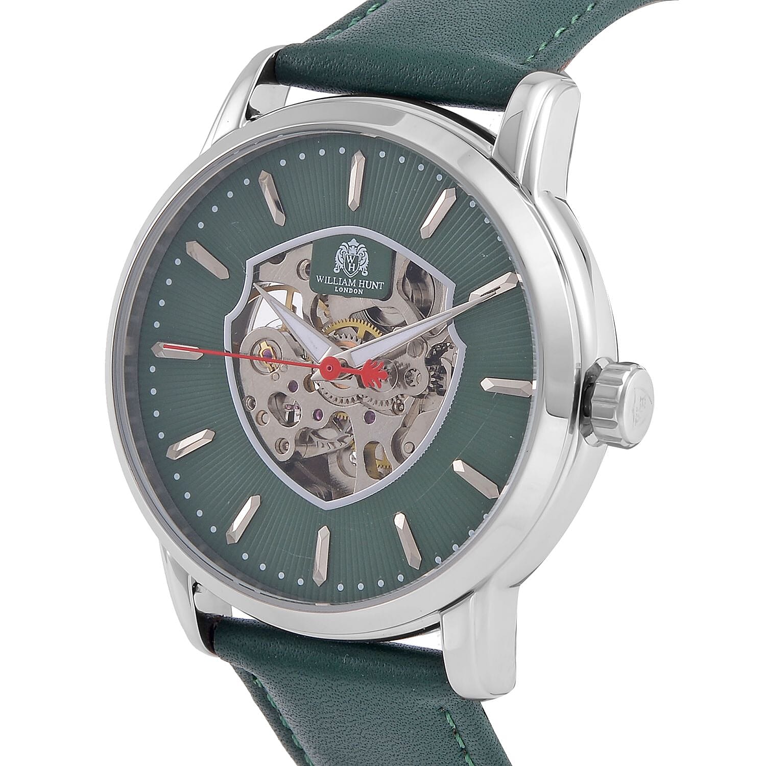 WILLIAM HUNT Automatic Movement 5 ATM Water Resistant Watch With Skeleton Display - Green Leather Strap