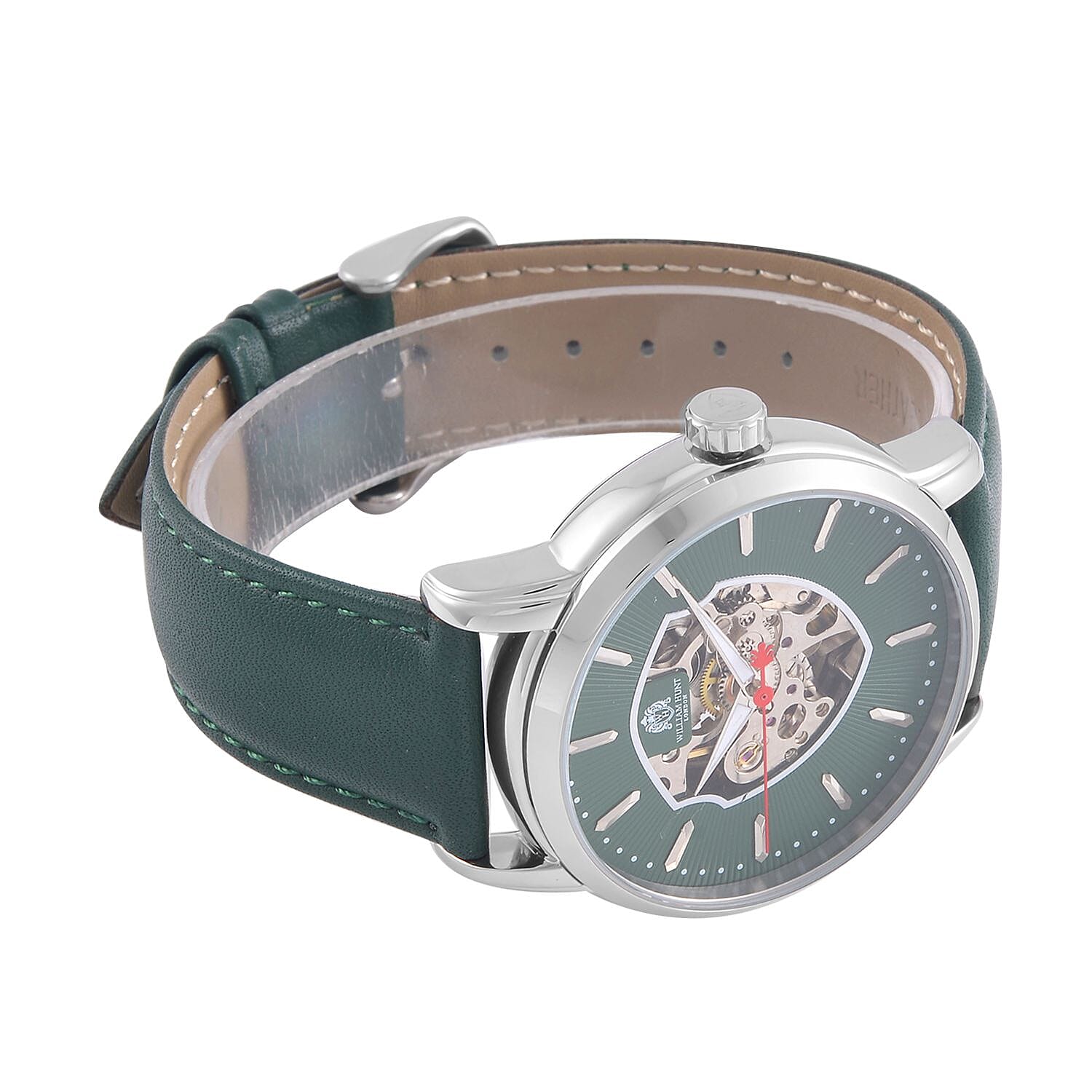 WILLIAM HUNT Automatic Movement 5 ATM Water Resistant Watch With Skeleton Display - Green Leather Strap