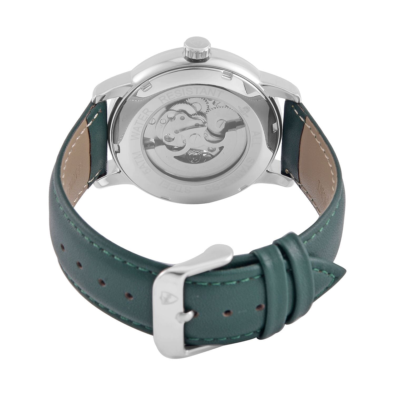 WILLIAM HUNT Automatic Movement 5 ATM Water Resistant Watch With Skeleton Display - Green Leather Strap