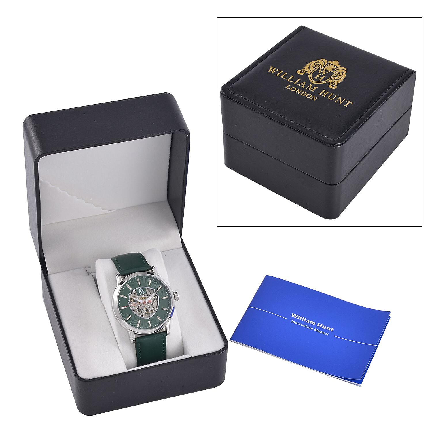 WILLIAM HUNT Automatic Movement 5 ATM Water Resistant Watch With Skeleton Display - Green Leather Strap
