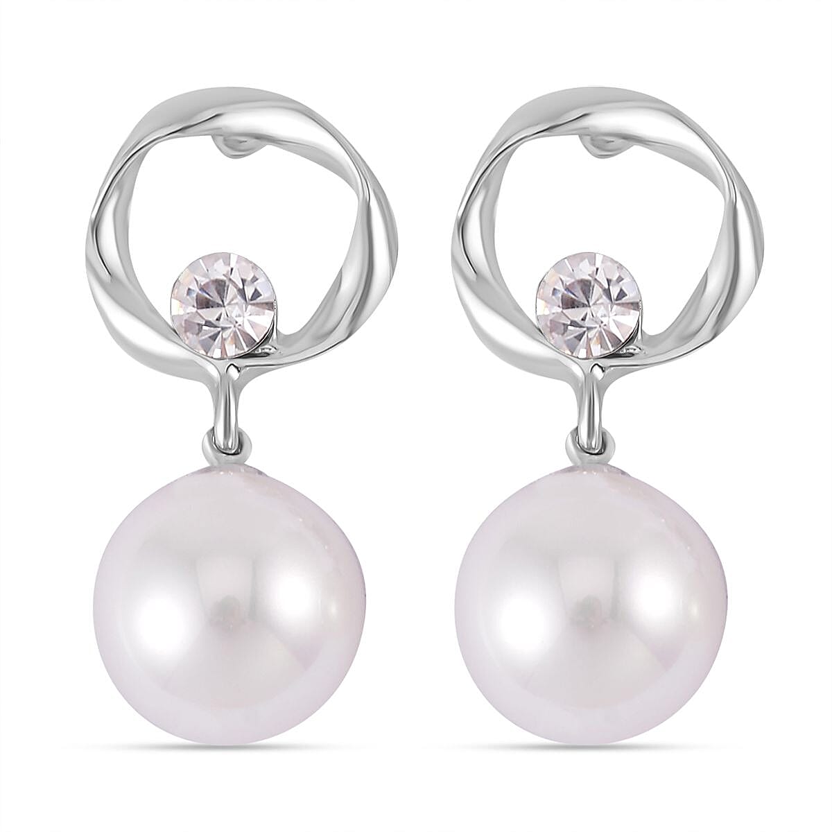 White Shell Pearl & White Austrian Crystal Dangle Earrings with Push Back