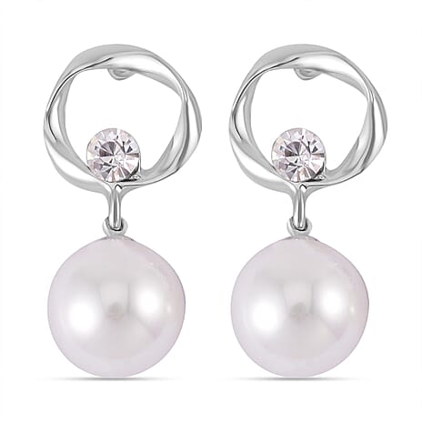White Shell Pearl & White Austrian Crystal Dangle Earrings with Push Back in Silver Tone