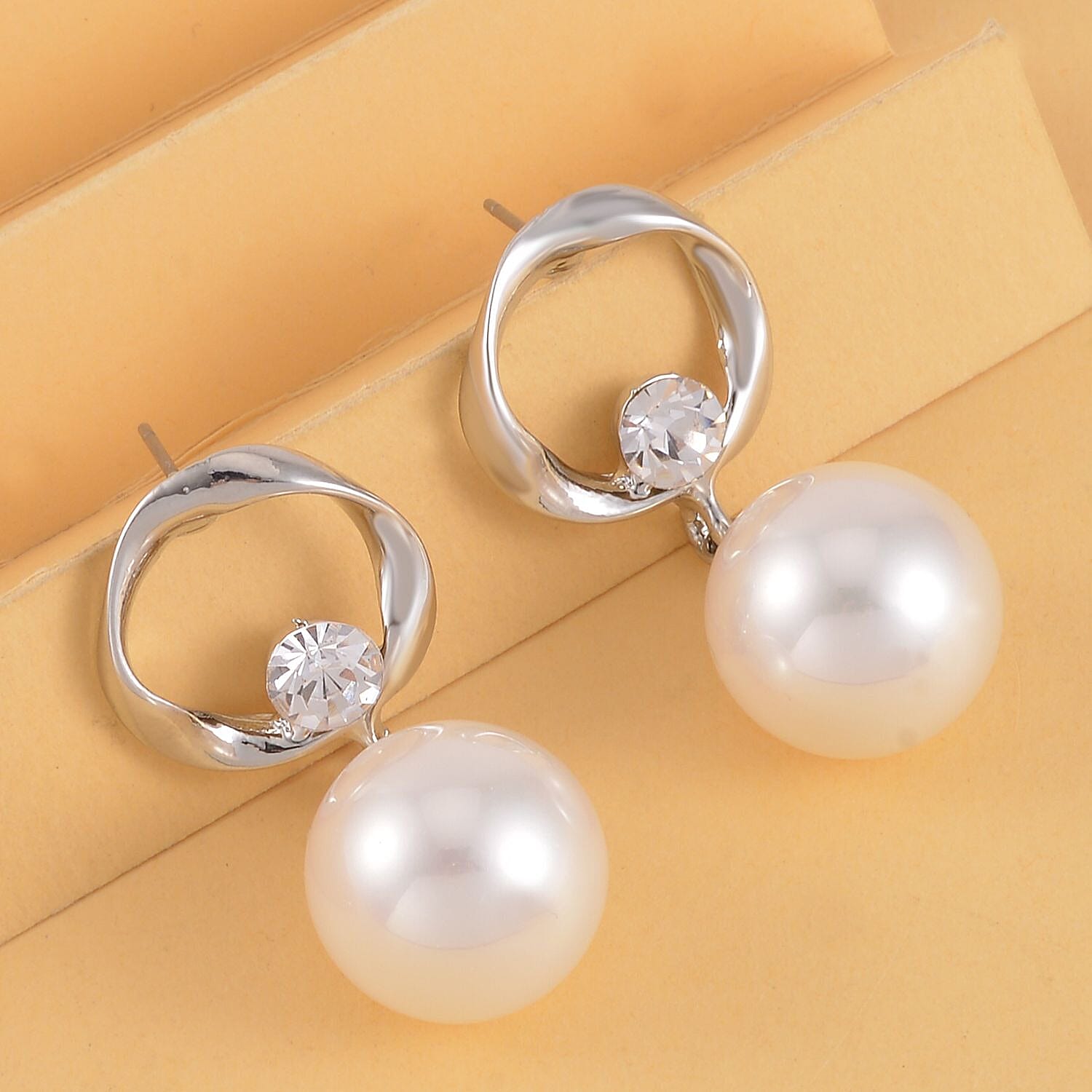 White Shell Pearl & White Austrian Crystal Dangle Earrings with Push Back